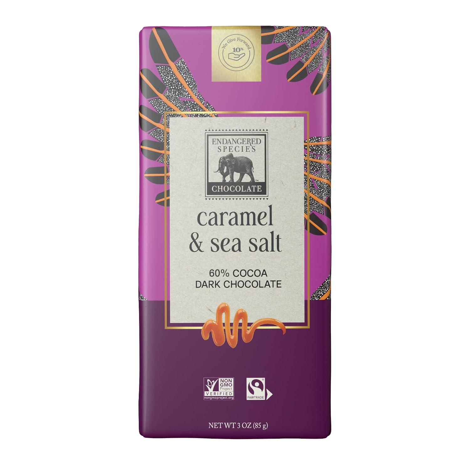 Endangered Species Dark Chocolate Bar w/Sea Salt & Almonds (72% cocoa) | Rich 72% dark chocolate with sea salt and crunchy almonds for a bold cocoa flavor and satisfying crunch.