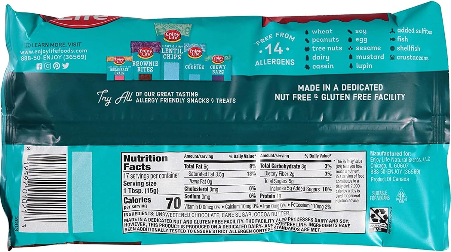 Enjoy Life Baking Dark Chocolate Morsels, Dairy Free , Soy Free, Nut Free, Non GMO, Gluten Free, Vegan Chocolate Chips, 9 oz bag