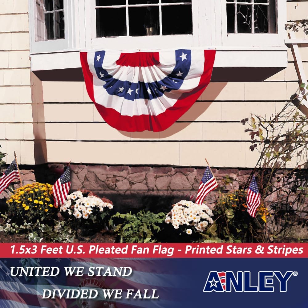Anley US National Pleated Fan Flag, 3x6 Feet American Bunting Flags Patriotic Stars & Stripes - Sharp Color and Fade Resistant - Canvas Header and Brass Grommets - United States 3 x 6 Feet Half Fan Banner