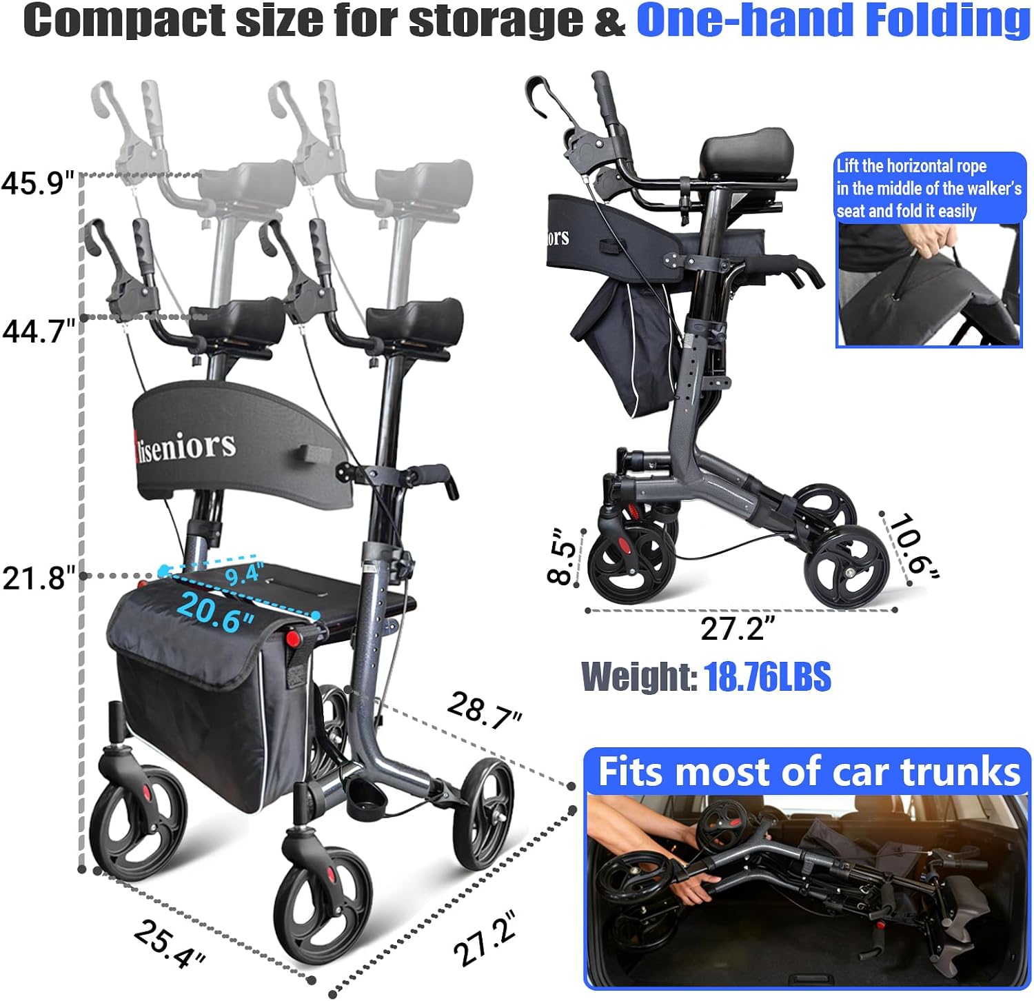 Aliseniors Upright Walker for Seniors - Big Stand Up Walker with Wide Seat, Foldable 4 Wheel All-Terrain Rolling Walker, Adjustable Armrests, 300lbs, Improves Posture & Reduces Back Strain | 20.6" Wide Seat, Foldable Rollator, 8" All-Terrain Wheels, Adju…