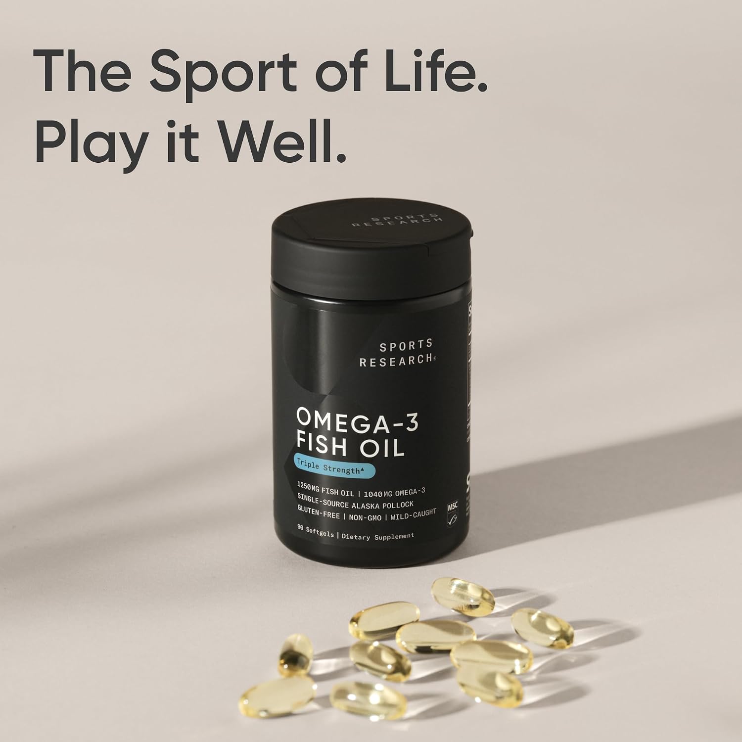 Sports Research® Omega-3 Fish Oil 1250mg from Wild Alaska Pollock,180 Count | Always Fresh Never Fishy | 690mg EPA 260mg DHA per Softgel · Heart & Brain Health* · MSC Certified Sustainable - 180 Servings