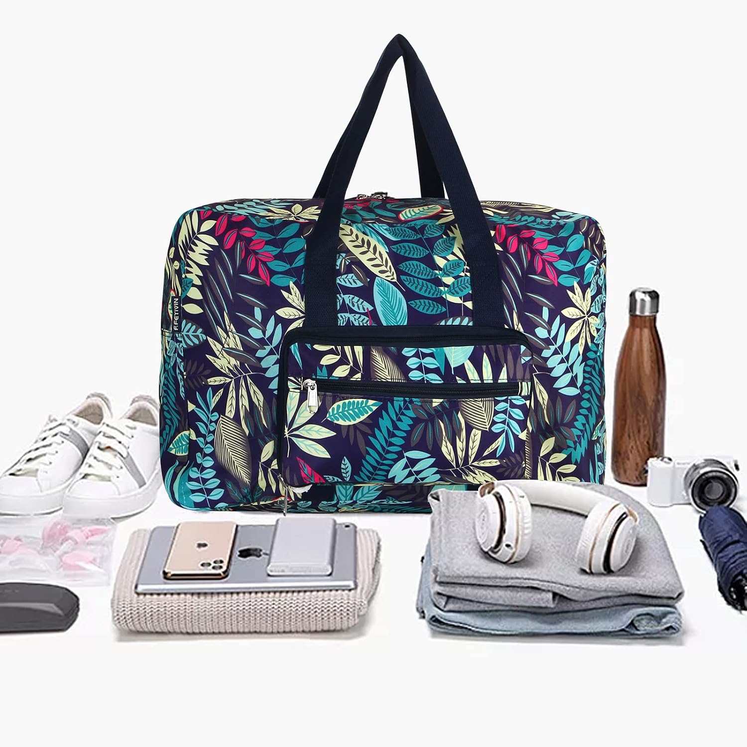 Travel Foldable Waterproof Duffel Bag - Lightweight Carry on Luggage Tote Duffel Bag(Black Floral)