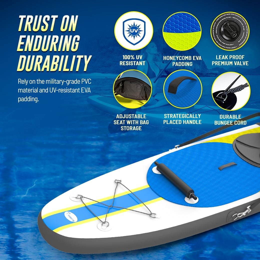 Blue Water Toys Inflatable Crossover Stand Up Paddle Board/Kayak Kit - Pump, Backpack, Coil Leash, Paddles, Detachable Seat, SUP 300 Pound Limit