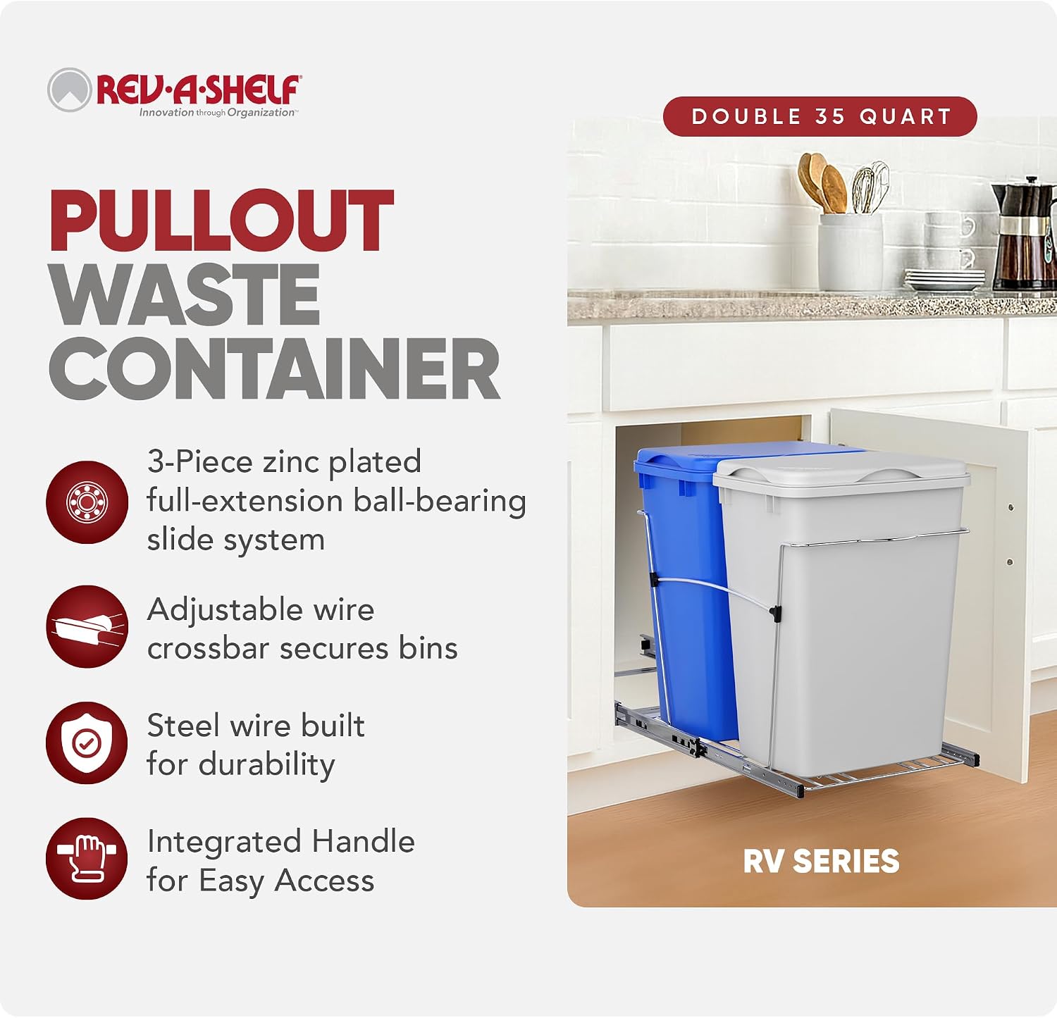 Rev-A-Shelf Double Pullout Garbage Trash Cans for Kitchen Cabinets, 35 Qt