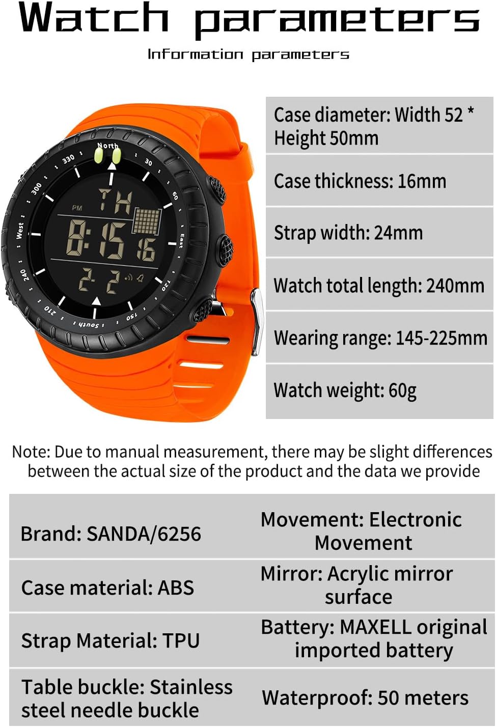Gosasa Men Sport Watch Countdown Stopwatch Watch Mens Wrist Watch Waterproof LED Electronic Digital Male Watch 12/24 Hour Multifunctional Watch