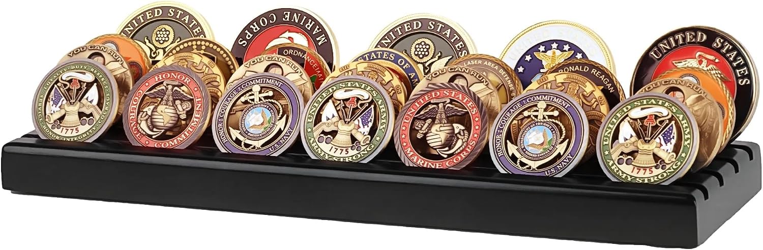 DisplayGifts Challenge Coin Display Stand 4 Row Wooden Holder Rack Case Holds 28 Coins Walnut Finish