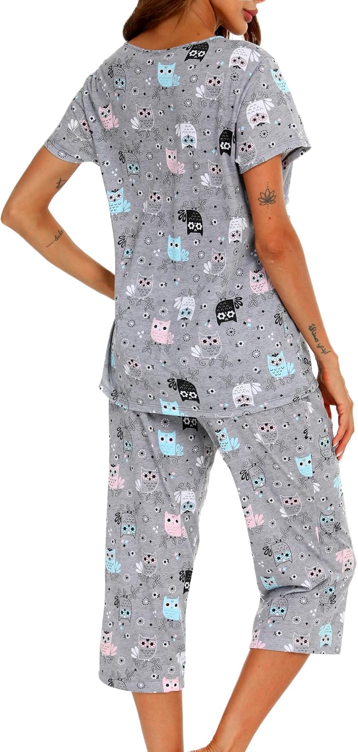 ENJOYNIGHT Womens Pajama Set Cotton Summer Pj Top with Capri Pant Sleepwear