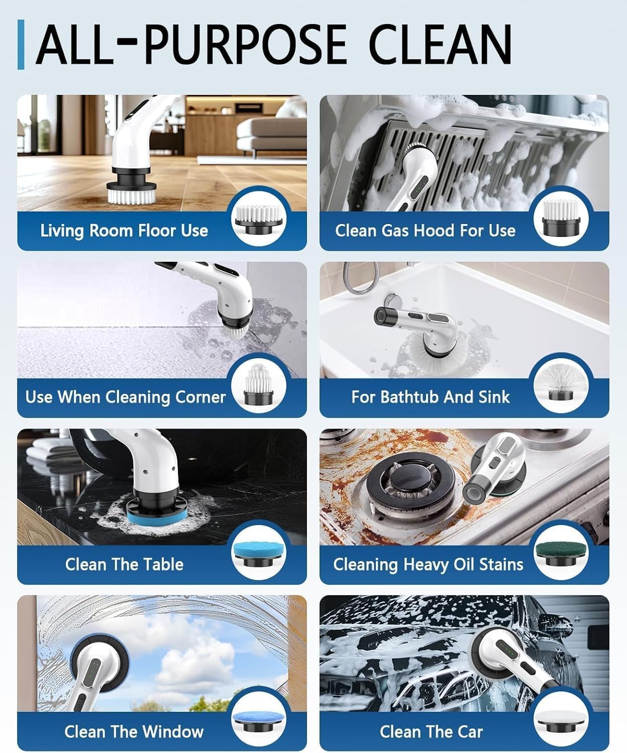 Electric Spin Scrubber for Cleaning Bathroom, Shower Scrubber Cordless Cleaning Brush with IPX7 Waterproof & 3 Speed, 9 Brush Heads