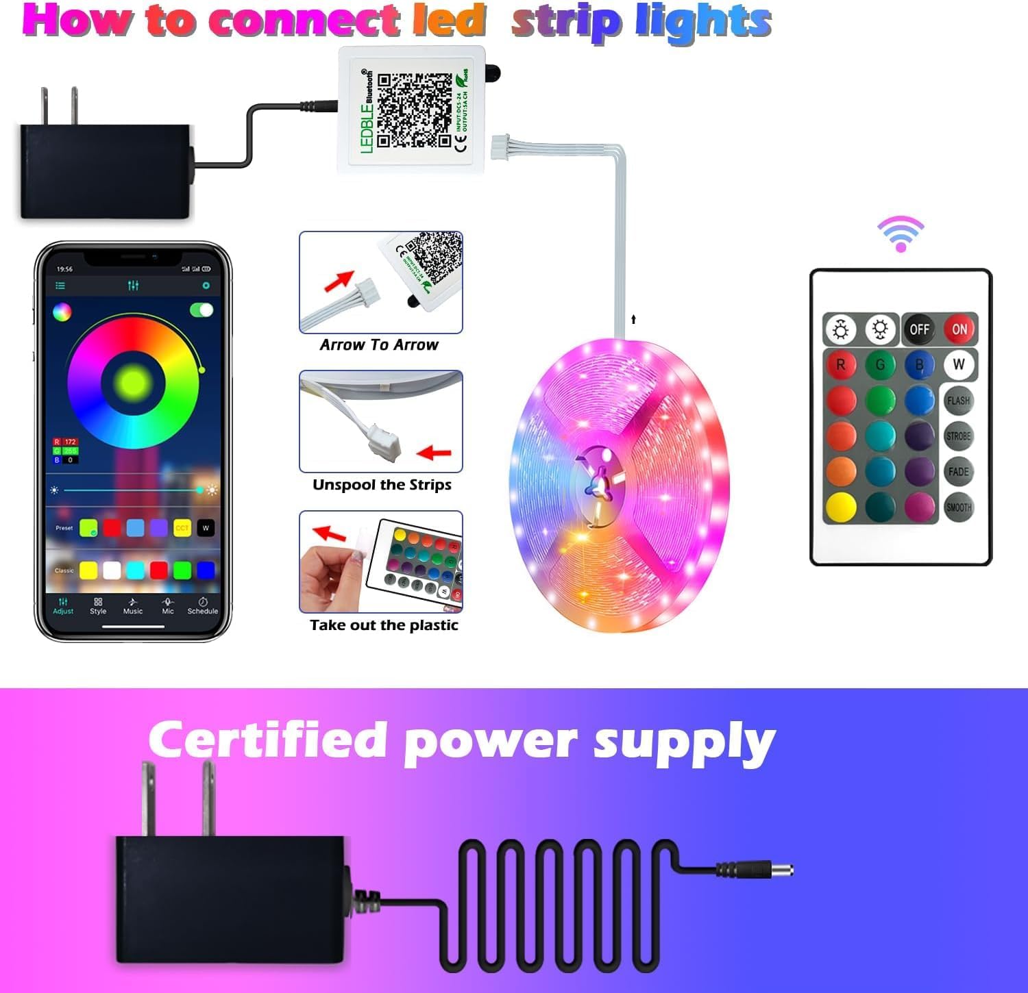 100ft Led Strip Lights, Long Smart Led Light Strips Music Sync 5050 RGB Color Changing Rope Lights