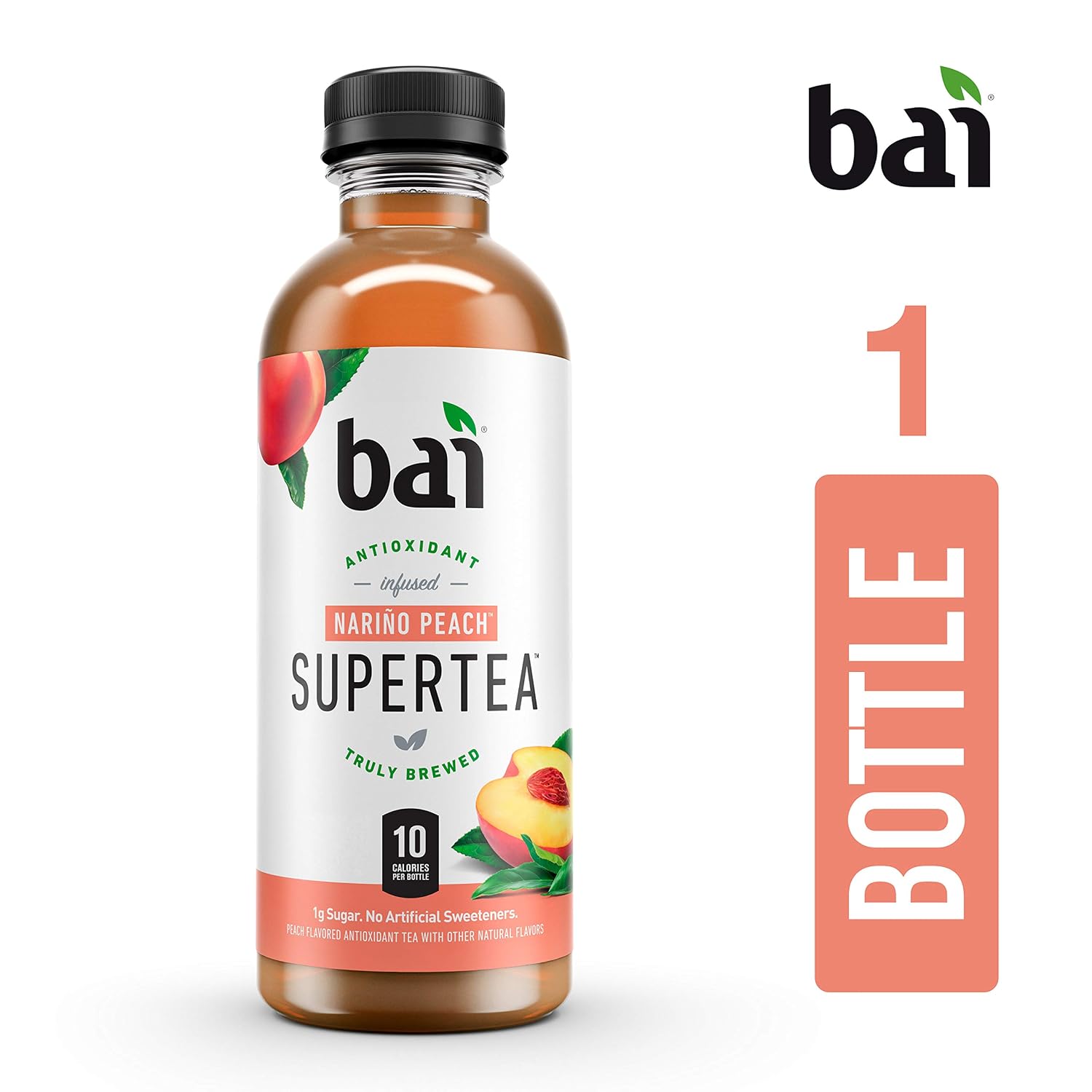Bai Iced Tea, Narino Peach, Antioxidant Infused Supertea, Crafted with Real Tea (Black Tea, White Tea), 18 Fluid Ounce Bottles, 12 count