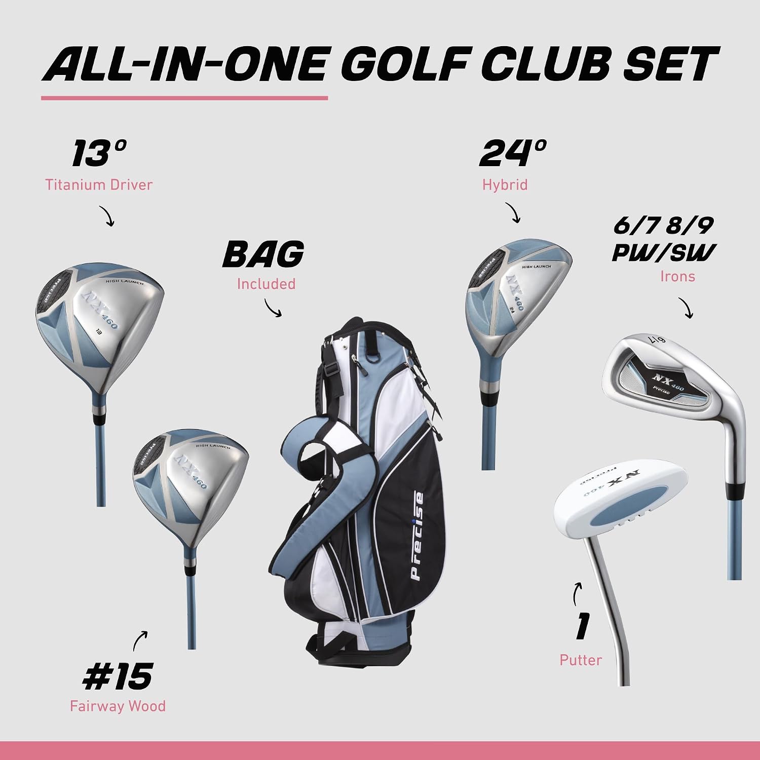 Precise NX460 - Women's Golf Club Set | Ultra-Light Graphite Shafts, Driver, Fairway & Hybrid, 4 Irons, Putter, Stand Bag, Headcovers, Petite To Regular