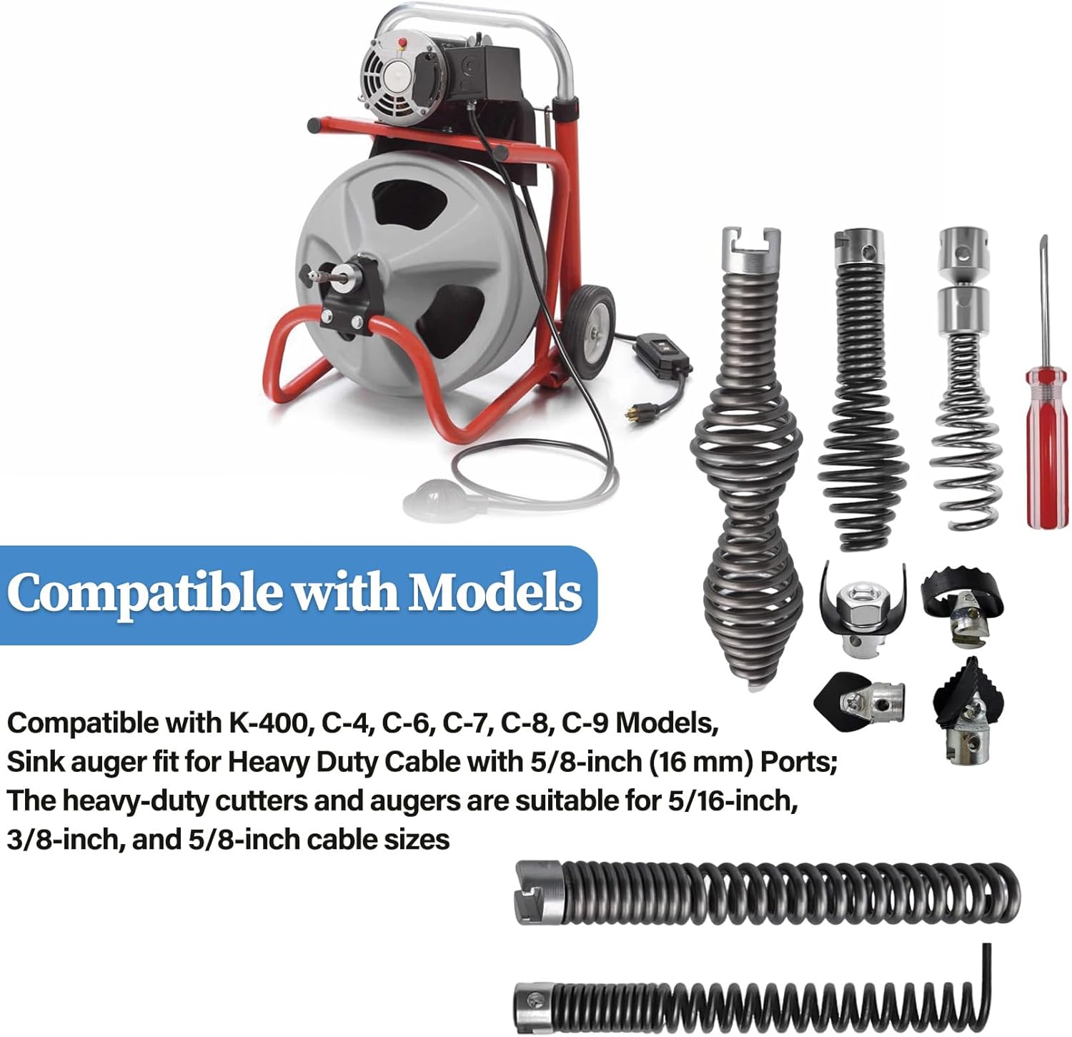 10 Pcs Drain Snake Drill Attachment, Cutter and Auger Set, Compatible with RIDGID K-400 C-4 C-6 C-7 C-8 and C-9 Drain Cleaning Machine