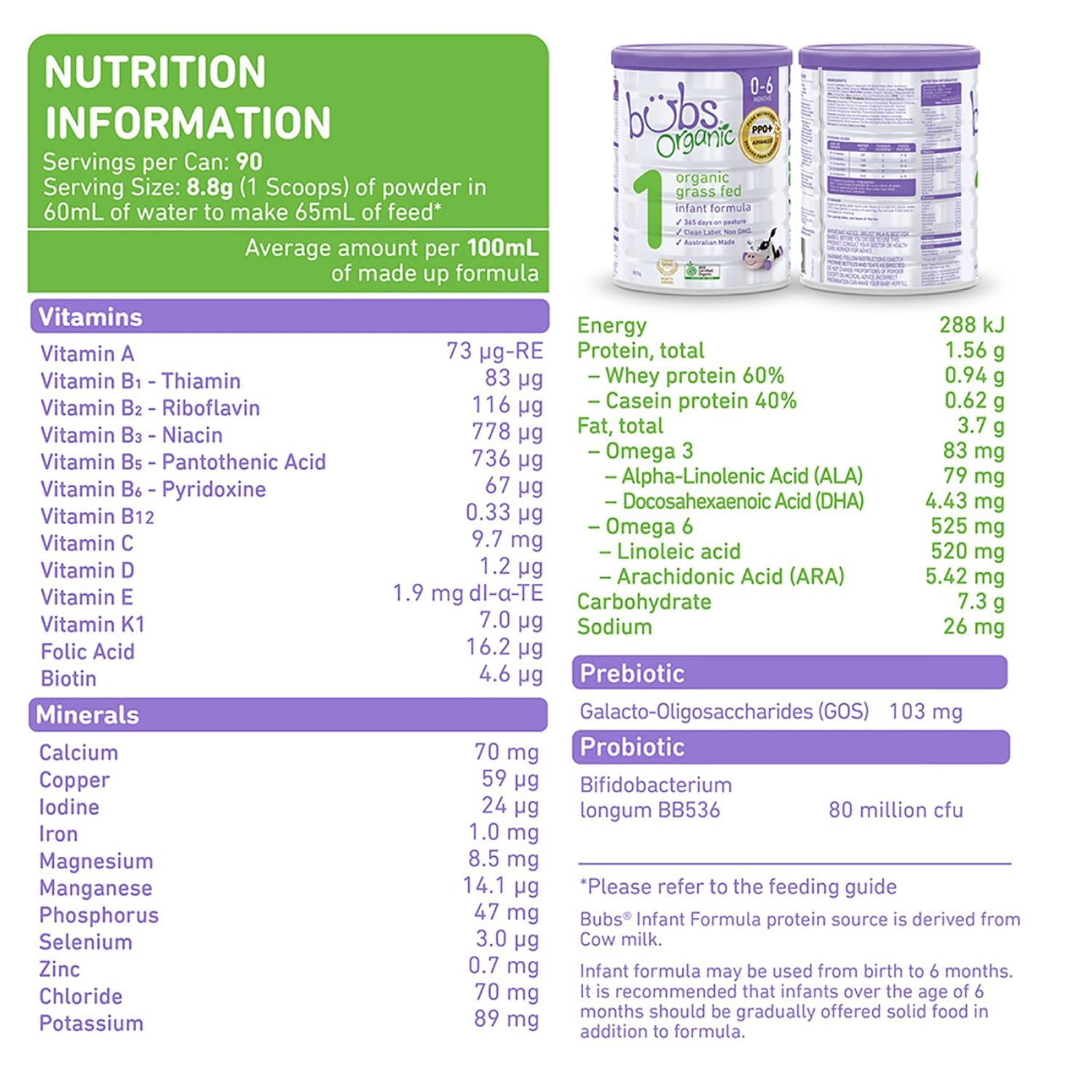 Bubs 365 Day Grass Fed Infant Formula for 0-12 Months, Non-GMO Milk, 20oz | Cow Milk-Based Powder with Iron, DHA, Prebiotics & Probiotics to Support Gentle, Digestive Health