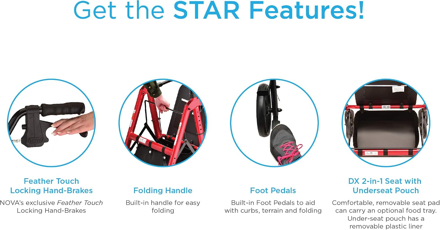 NOVA Star DX Foldable Rollator Walker, Wide Padded Seat, 8” Rugged All-Terrain Wheels, Easy-Grip Locking Hand Brakes, Fold Lock, Height Adjustable