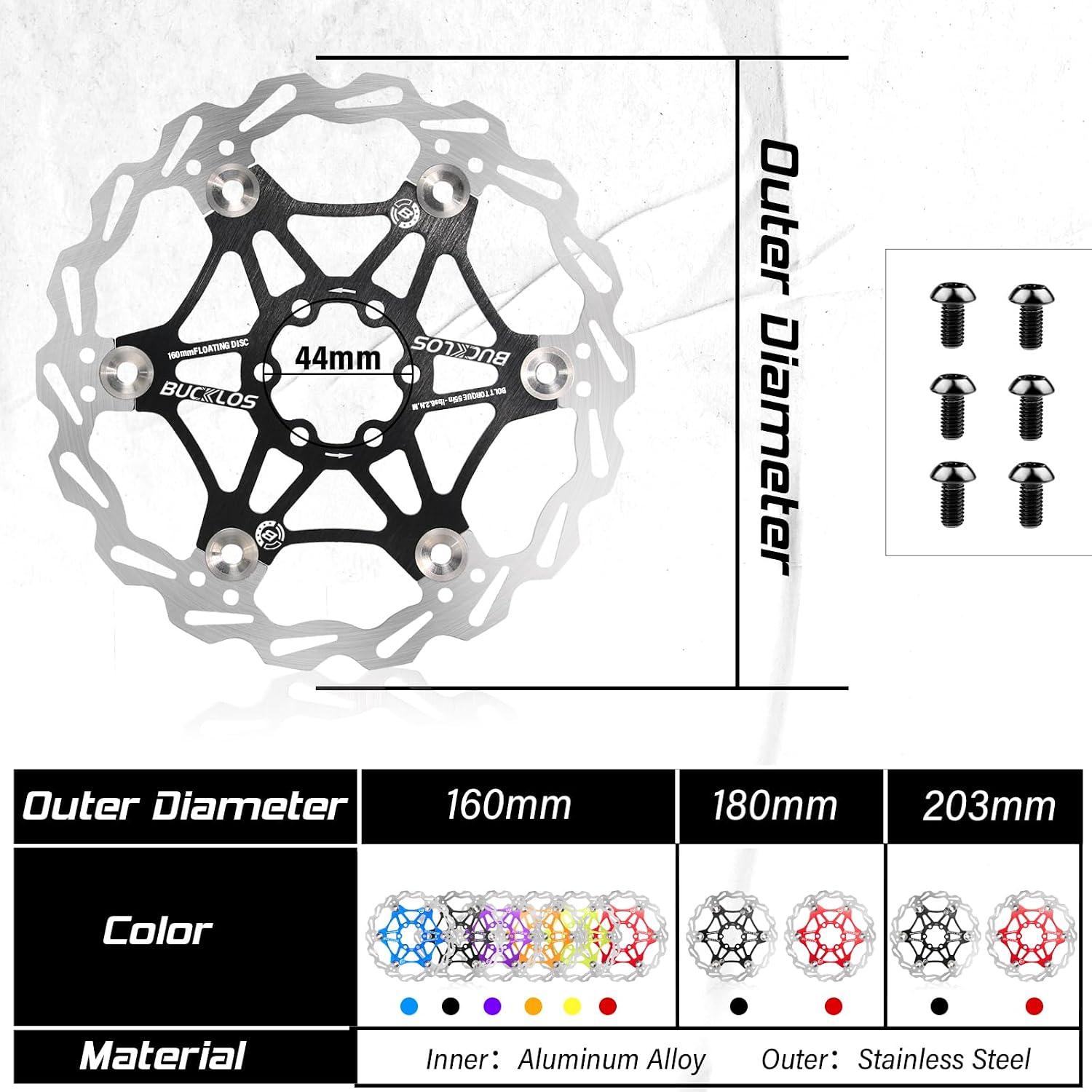 BUCKLOS 160mm 180mm 203mm Floating Disc Brake Rotor, Stainless Steel MTB Brakes Rotors with 6PC Bolts
