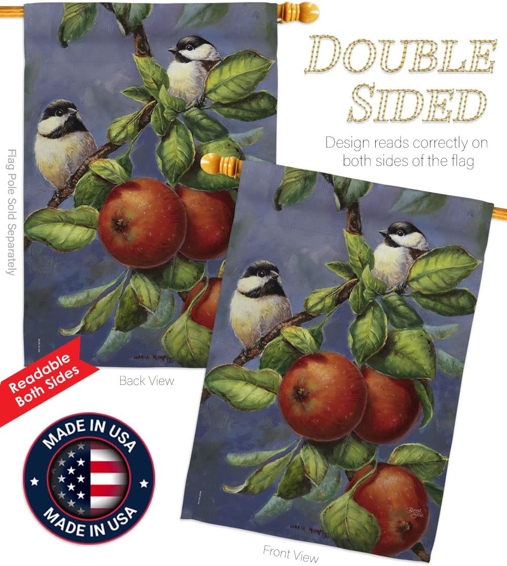 H105034-BO Chickadees & Apples Garden Friends Birds Impressions Decorative Vertical 28" x 40" Double Sided House Flag Printed in USA