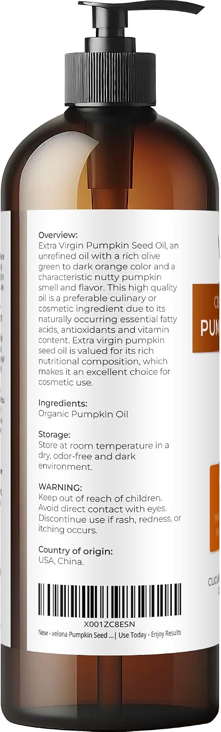 velona Pumpkin Seed Oil USDA Certified Organic - 16 Fl Oz | 100% Pure and Natural Carrier Oil | Unrefined, Cold Pressed | Cooking, Face, Hair