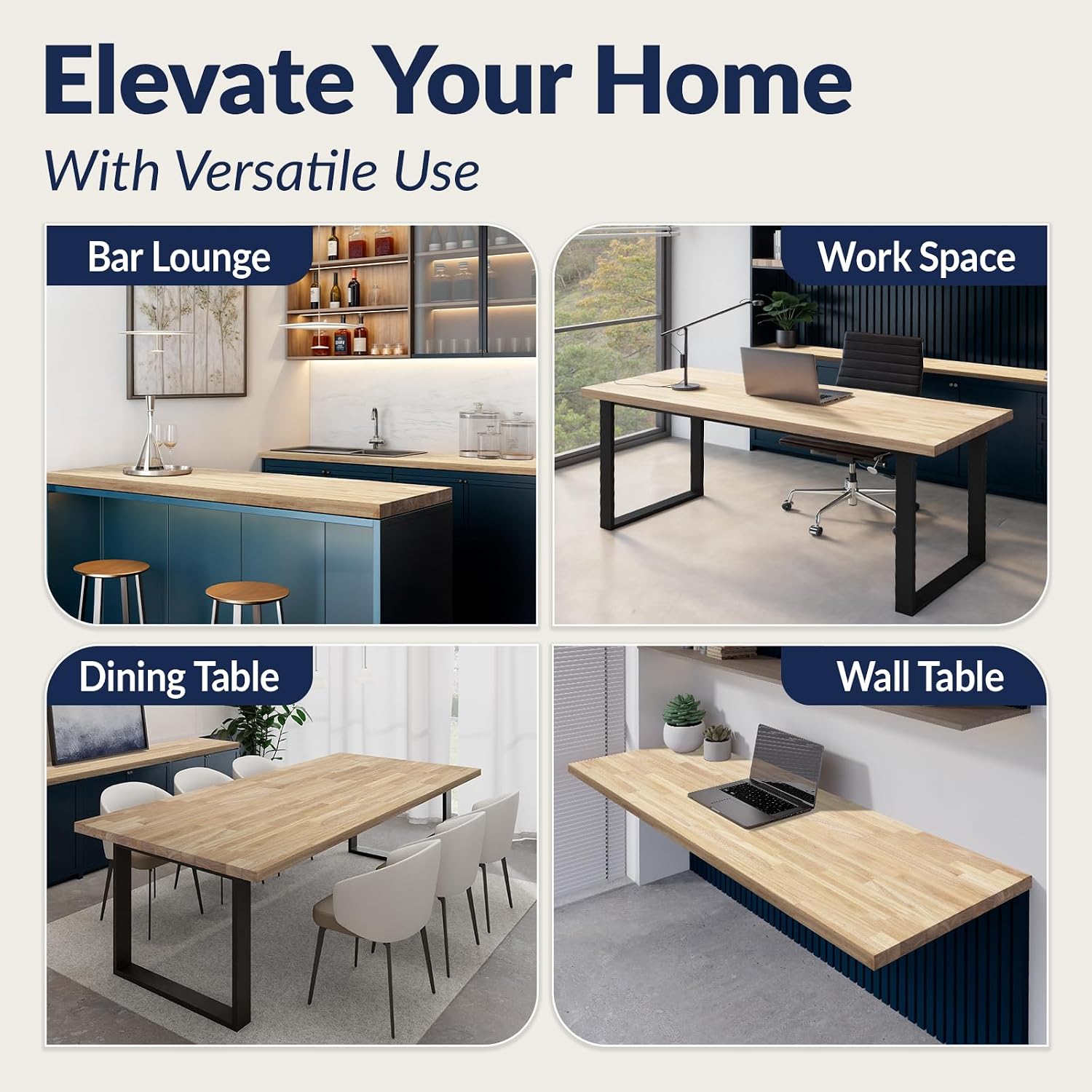 Howizz Butcher Block Countertop 48 x 25 x 1.5 - Hevea Unfinished Solid Wood Table Top, Wood Countertop for DIY Desk, Table, Workbench, Kitchen Island.