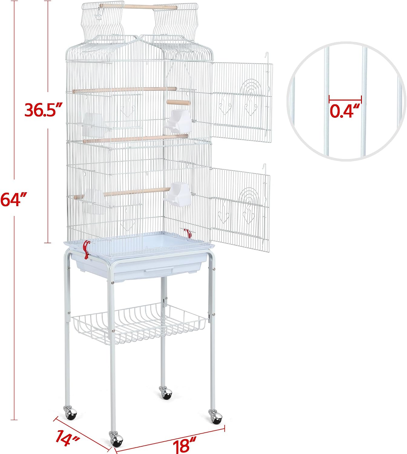 Yaheetech 64'' Open Top Bird Cage for Parakeets & Cockatiels, Black | Detachable Rolling Stand, Easy-clean Slide Tray, Multi-door Access, 3/8" Bar Spacing, Indoor/Outdoor Use
