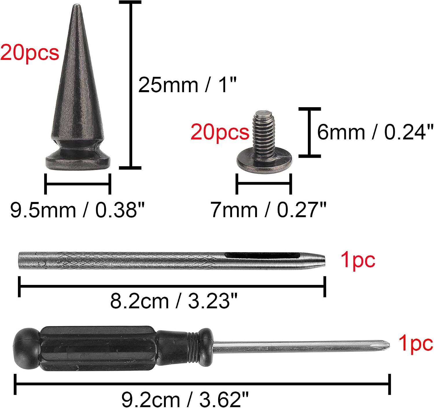 YORANYO 20 Sets 25MM Silver Color Metallic Spikes and Studs 1" Metal Bullet Cone Spikes Screw Back Large Punk Studs and Spikes for Clothing Shoes