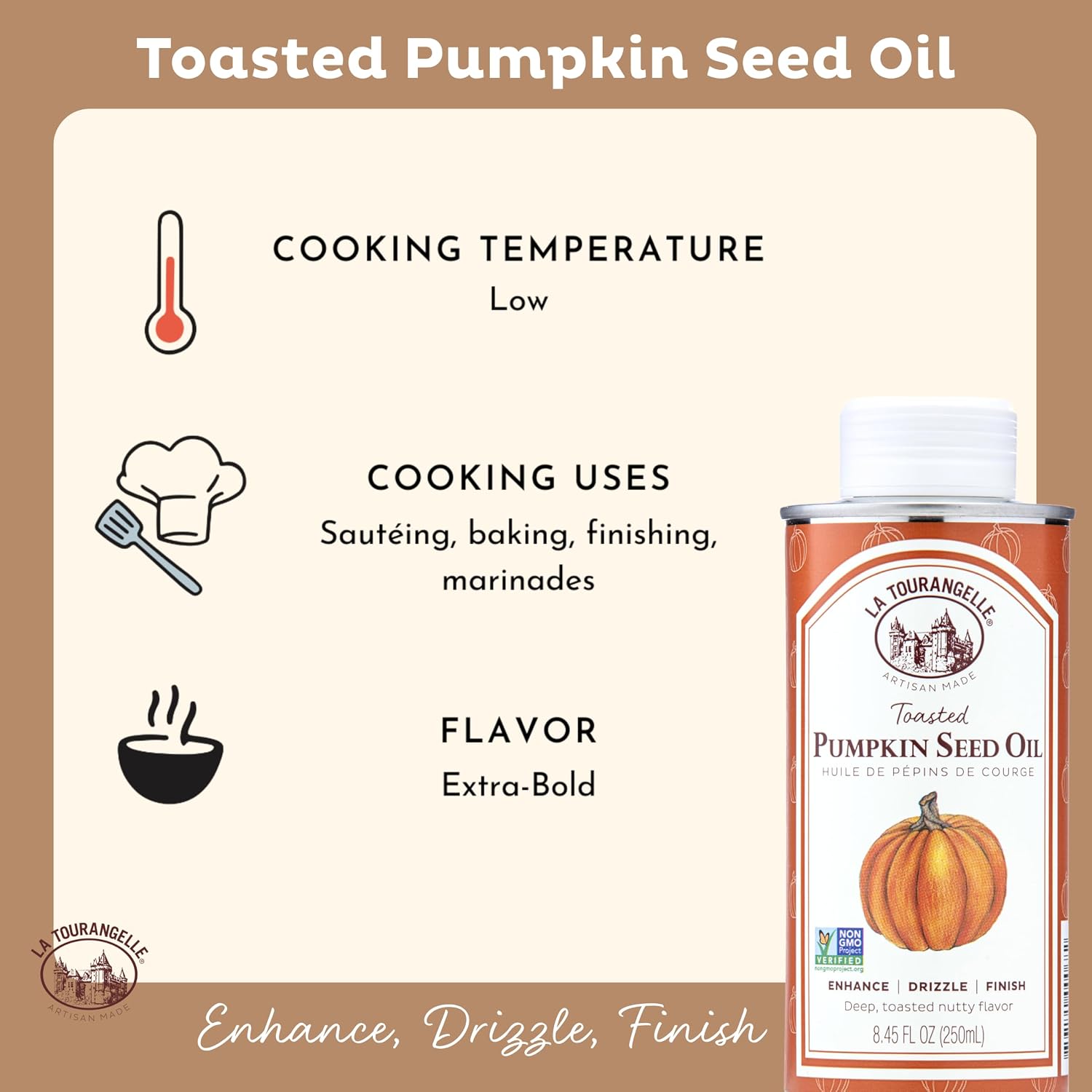 La Tourangelle Toasted Pumpkin Seed Oil, for Cooking, Dressings, 8.45 fl oz | Made Using Traditional Styrian Techniques, Great for Pastas and Spreads, Health and Beauty Oil, Gluten Free, Non-GMO