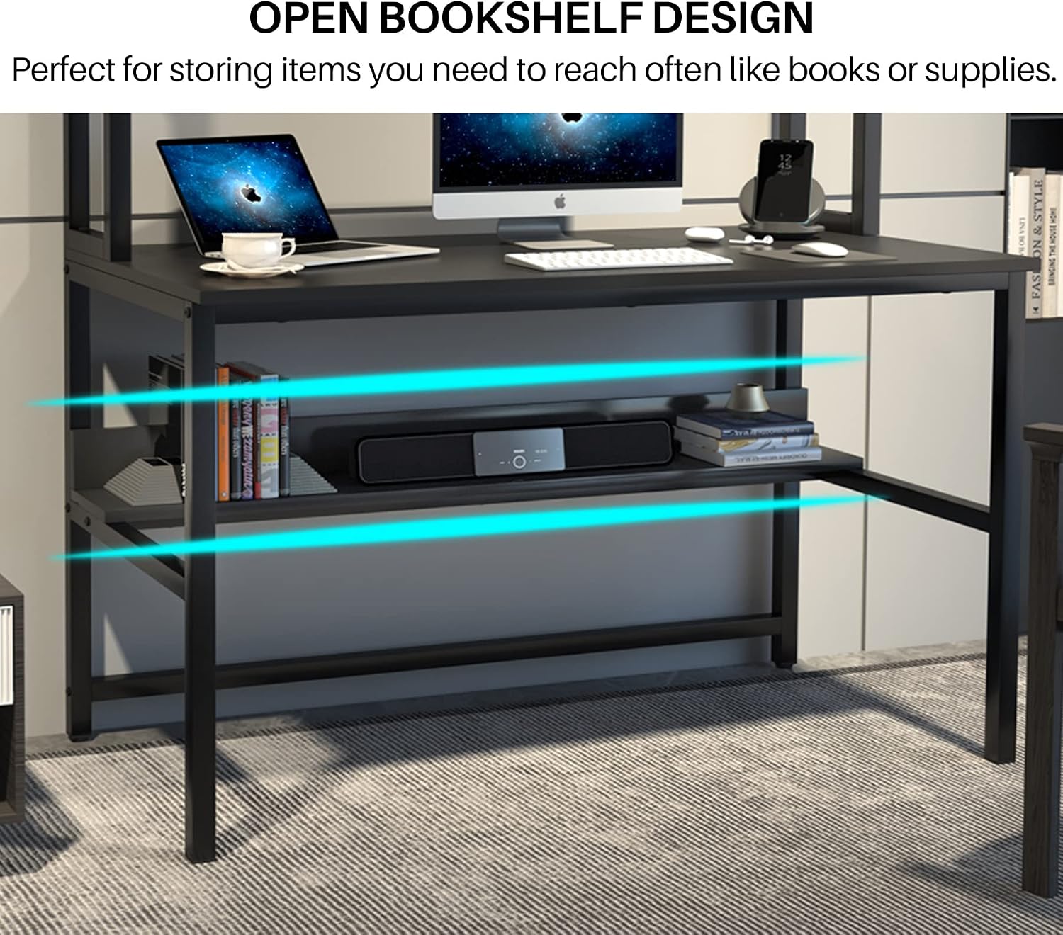 Aquzee Computer Desk with Shelves, 47" W x 23.6" D Gaming Desk with Hutch and Bookshelf