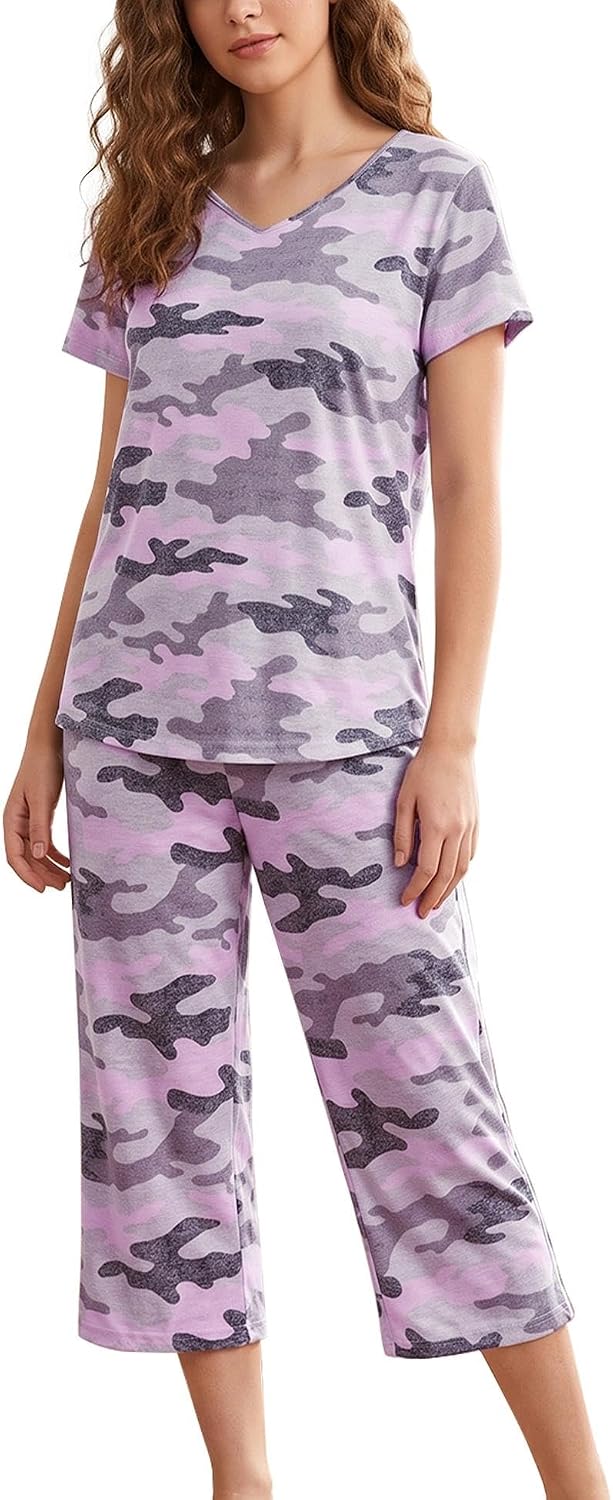 ENJOYNIGHT Womens Pajama Set Cotton Short Sleeve Top With Capri Pants Pj