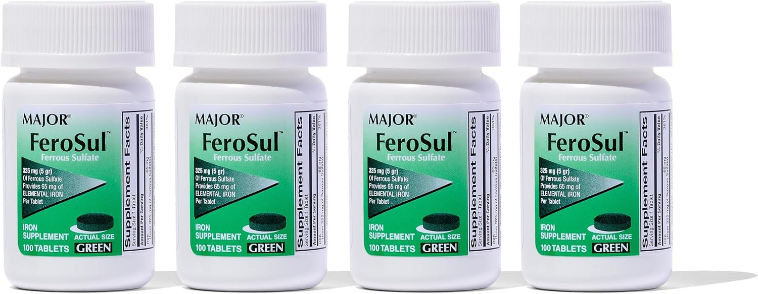 Major Ferosul - Ferrous Sulfate 325mg Tablets with 65mg of Elemental Iron - Iron Supplement for Women, Men - Green - 100 Count (3 Pack)