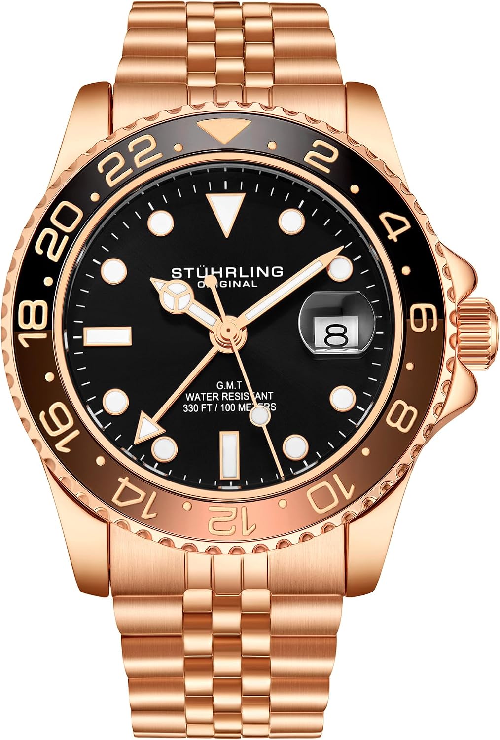 Stuhrling Original Men's Stainless Steel Jubilee Bracelet GMT Watch Quartz - 42mm Quartz Analog Wrist Watch for Men, Mens Quartz Watch, Stainless Steel Case, Casual Work Watch, Water Resistant Watch
