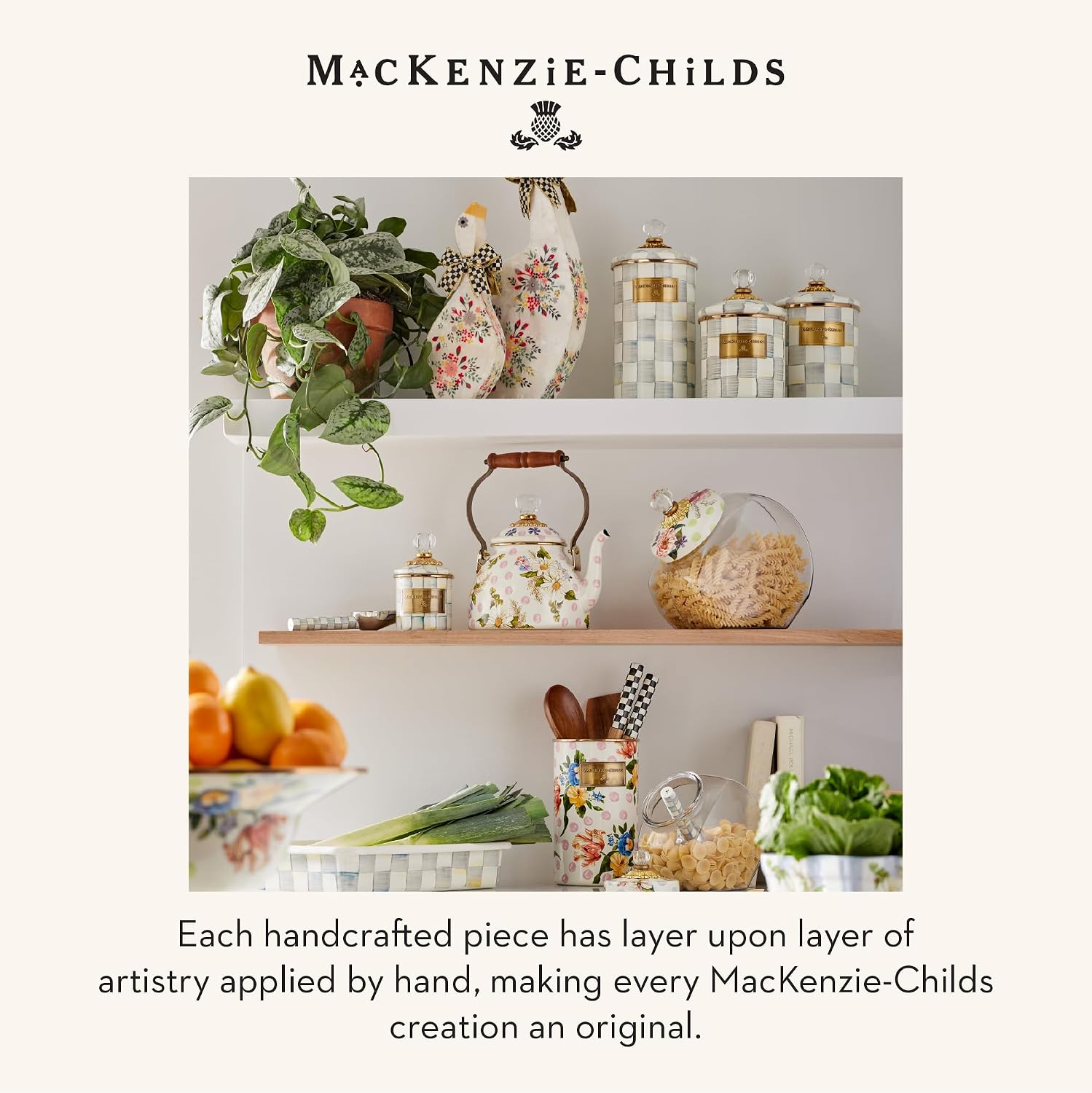MACKENZIE-CHILDS Enamel Canister, Large, White Butterfly Garden | Hand-applied design, made from enameled steel, versatile kitchen storage container for flour and sugar, 64-ounce capacity