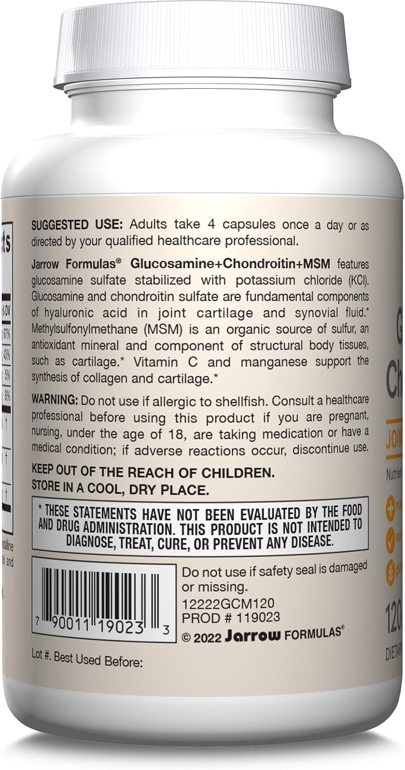 Jarrow Glucosamine, Chondroitin, and MSM, 120 Capsules | Joint Support Supplement With Vitamin C And Manganese, Bone & Joint Health, 120 Capsules, 30 Day Supply
