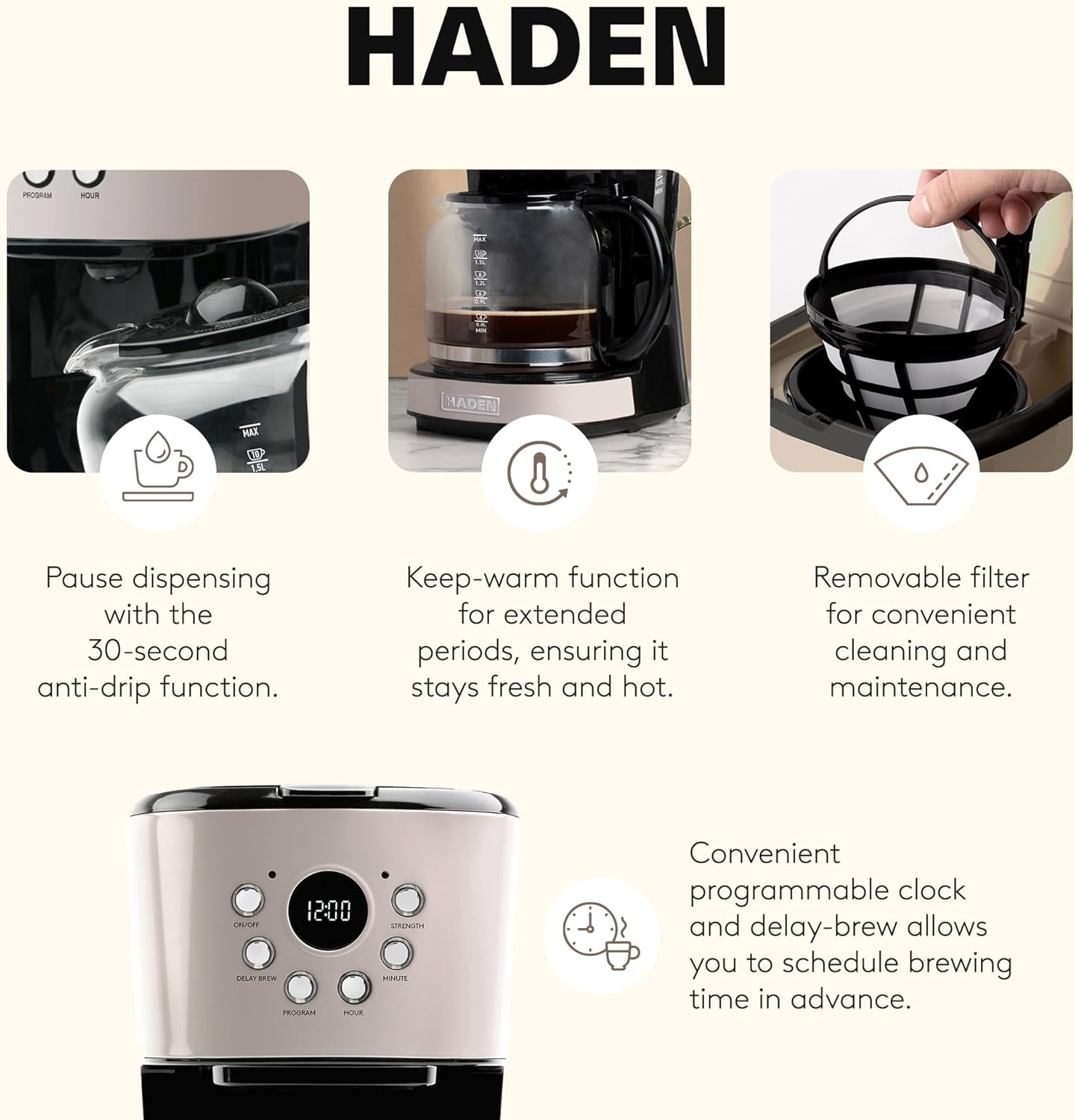 HADEN 12-Cup Programmable Coffee Maker for Home or Office, Putty & Chrome – Drip Brewer Machine with Brew Strength, Delay Brewing