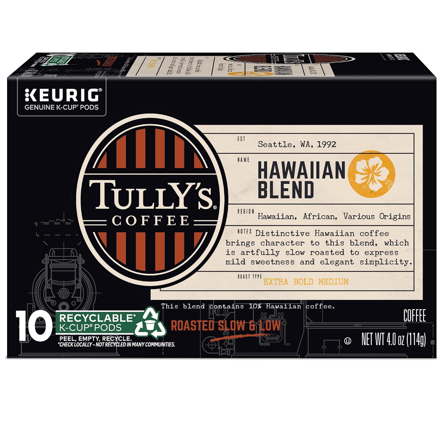 Tully's Coffee Hawaiian Blend Keurig Single-Serve K-Cup Pods, Medium Roast Coffee, 96 Count