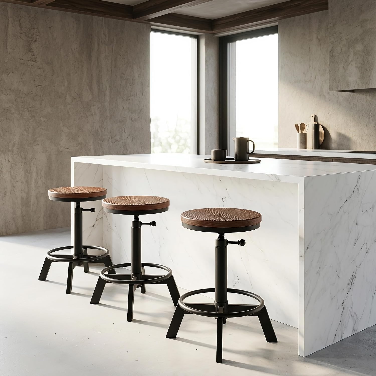 Set of 2 Industrial Bar Stools Short Stool Swivel Wooden Seat Kitchen Island Chairs Counter Height Adjustable 15.2-21inch