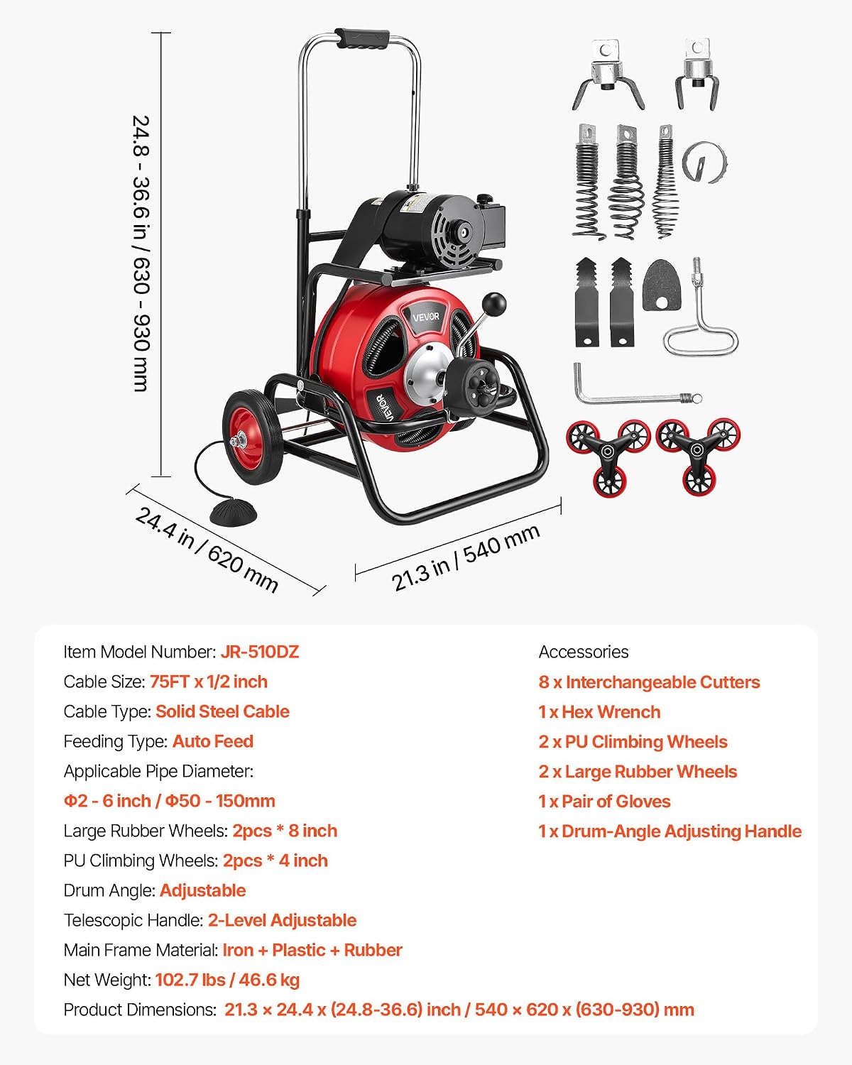 VEVOR Drain Cleaner Machine 100 FT x 3/4 Inch, Auto Feed Sewer Snake Auger, Portable Drain Cleaning Machine with Multi-Wheel Combination, 6 Cutters & Air-Activated Foot Switch for 4" to 8" Pipes