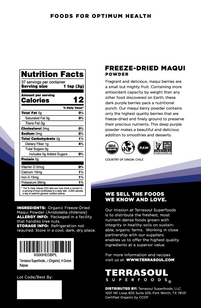 Terrasoul Superfoods Organic Maqui Berry Powder, 4 Oz, Freeze-Dried, Antioxidant-Rich Superfood for Smoothies, Desserts, and Immune Support