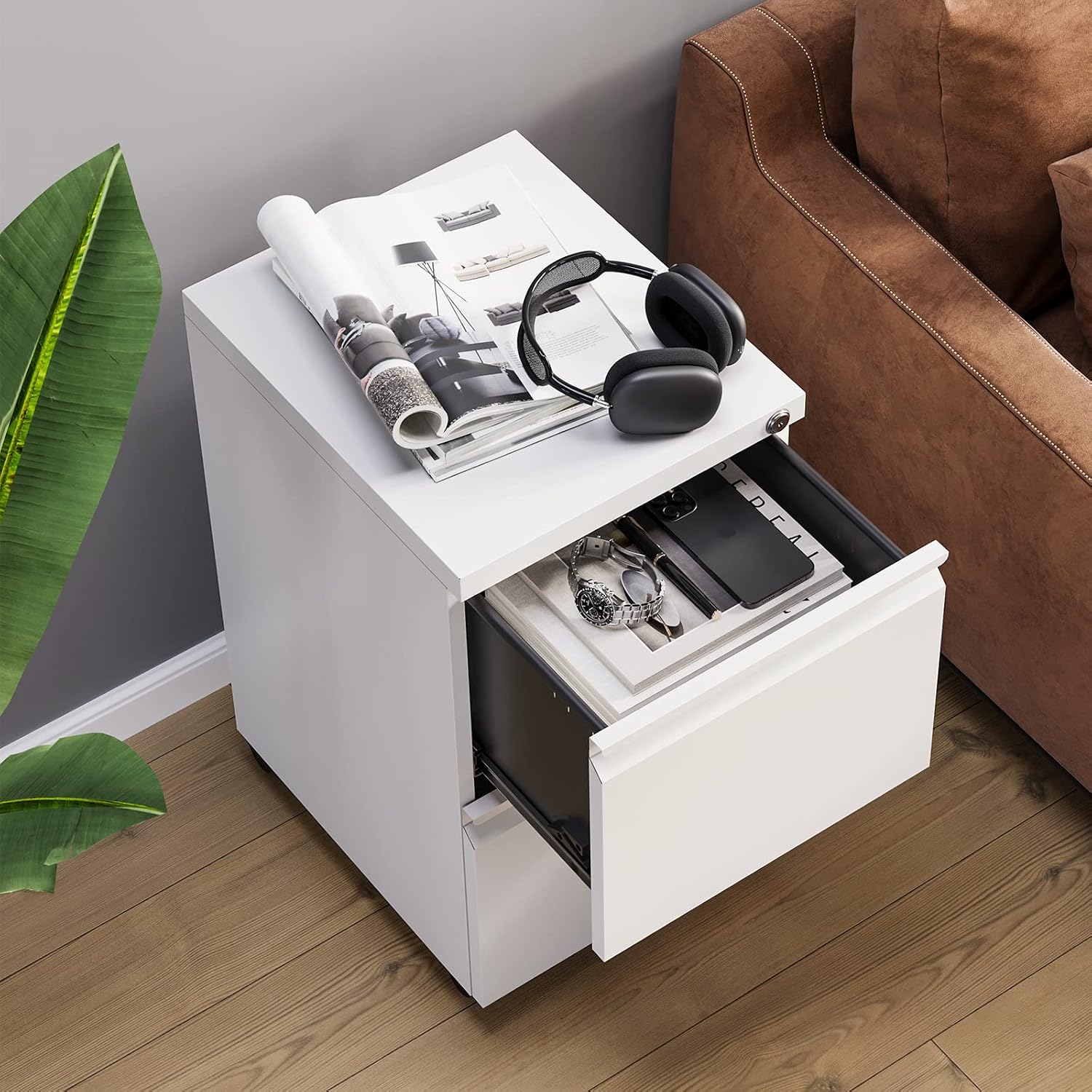 MIIIKO 3 Drawer File Cabinet with Lock, Metal Lateral Rolling Printer Stand Filing Cabinets for Home Office Storage,A4, Letter,File Folders(White)