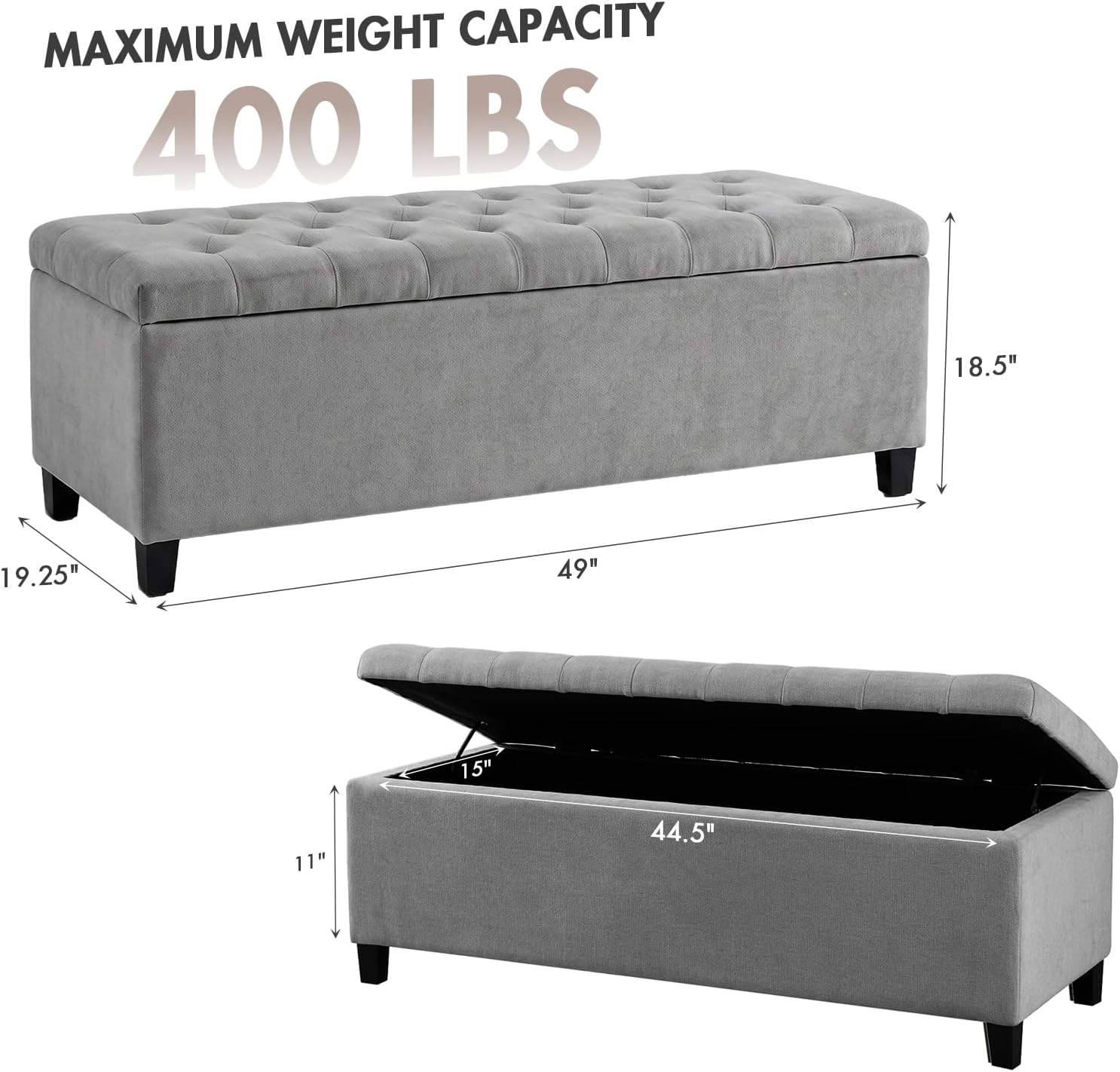 Madison Park 49" Upholstered Storage Bench, Button Tufted End of Bed Bench with Storage, Dual Spring Soft-Close Lid, Bedroom Bench for Queen King Bed, Entryway Living Room, Grey