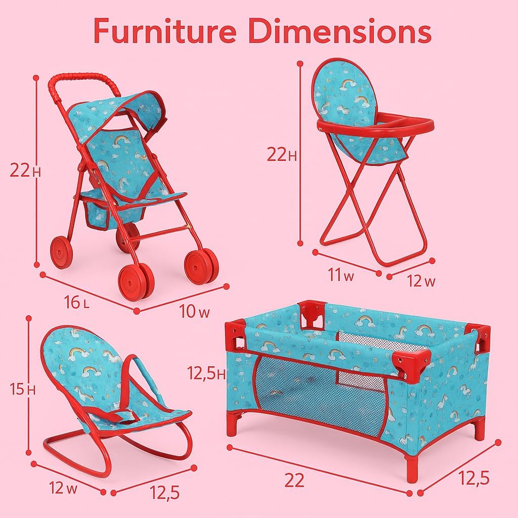fash n kolor 4 Piece Baby Doll Play Set Flower Design Includes - Foldable Pack N Play, Baby Doll Stroller, Baby Doll High Chair, Infant Seat, Fits Up to 18'' Doll 4 Piece Doll Accessories Set