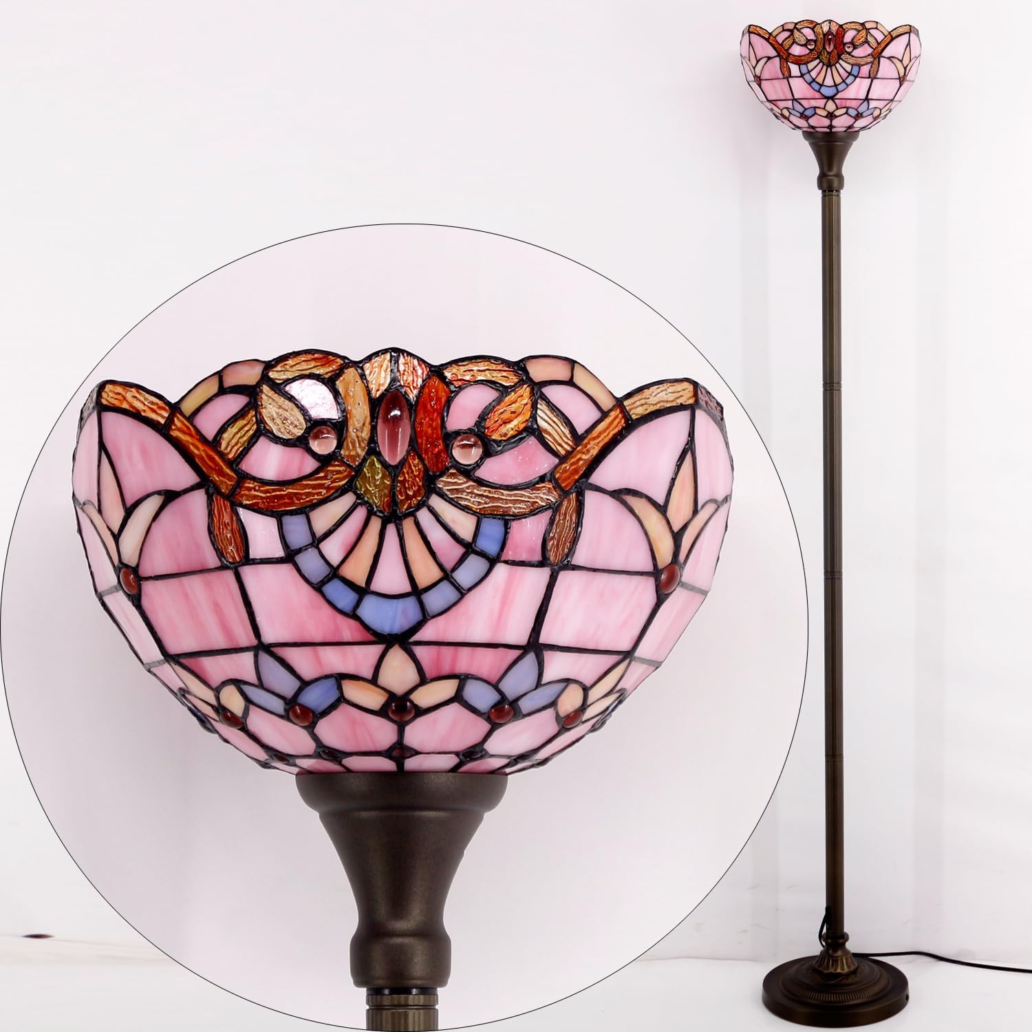 WERFACTORY Tiffany Floor Lamp Pink Baroque Stained Glass Torchiere Light | 12X12X71 Inches Pole Standing Corner Torch Uplight Decor Bedroom Living