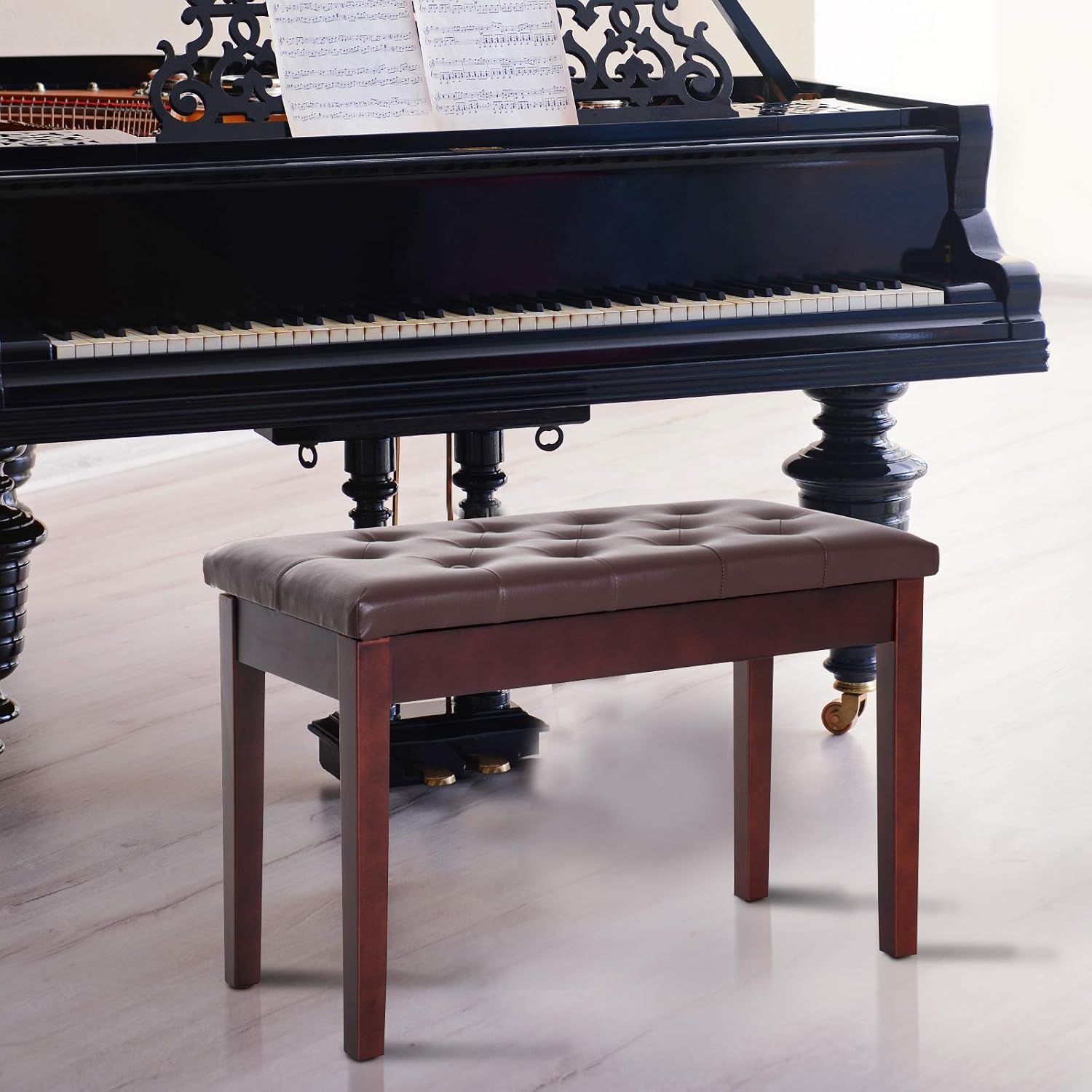 HOMCOM Piano Bench with Faux Leather Padded Cushion, Chestnut Brown | Duet Piano Chair, Wooden Frame, Button Tufted Keyboard Bench