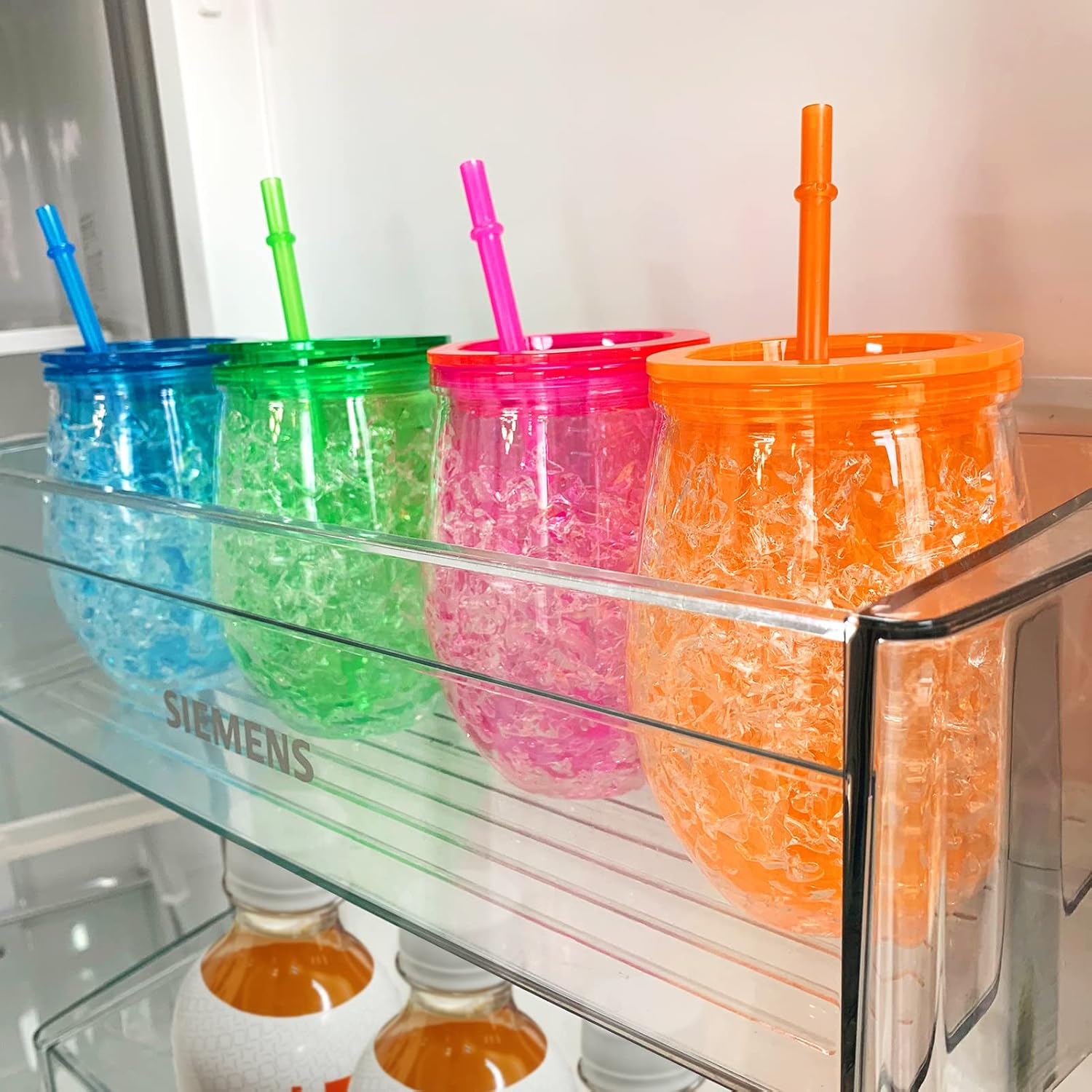 Cute Shape Frosty Freezer Ice Mugs with Straw Clear 11.8oz Set of 4(Red, green, blue and orange) (Oval)