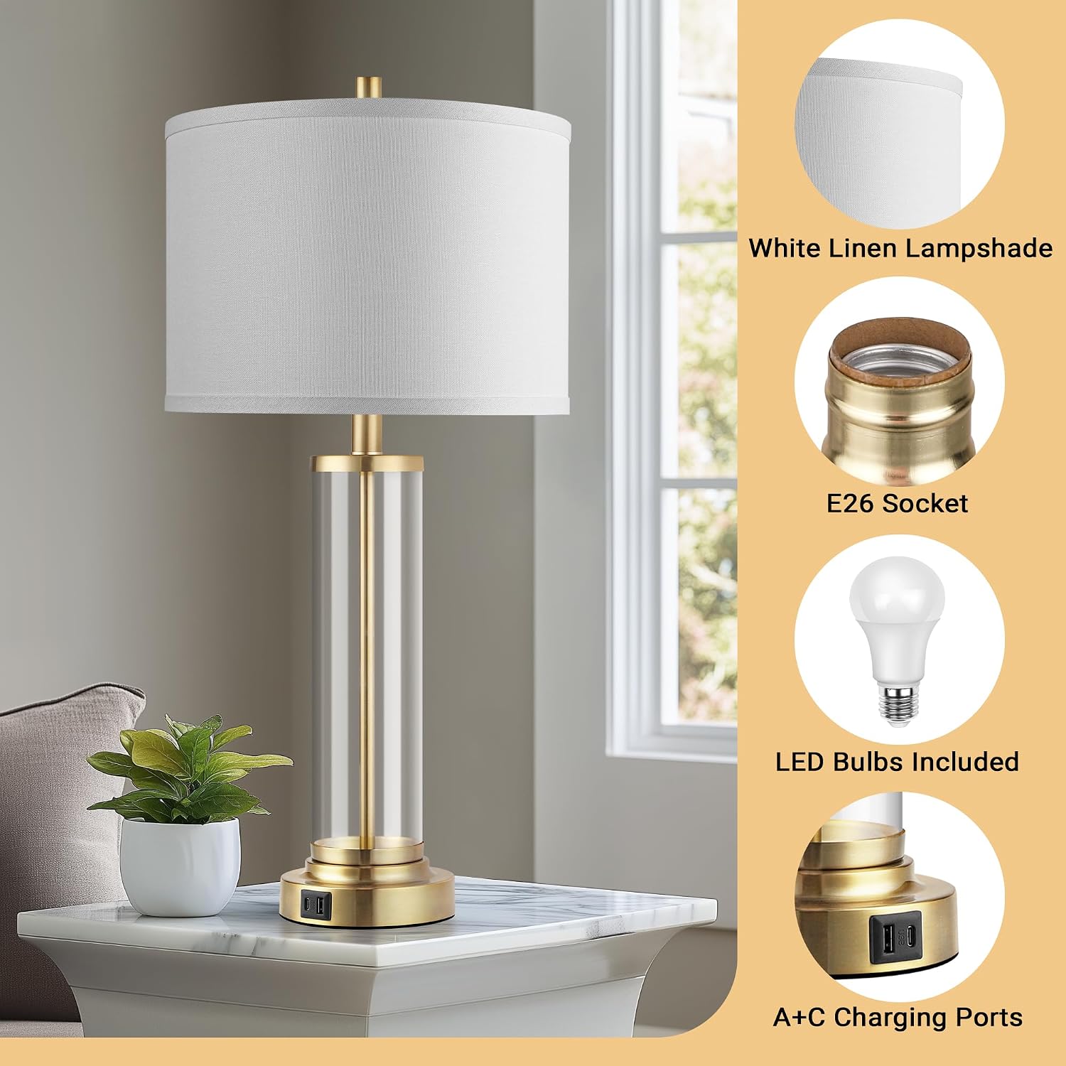 QiMH Lamps for Bedrooms Set of 2, Touch Control Table Lamps with USB A+C Ports, 3-Way Dimmable Bedside Lamp with Fabric Lampshade