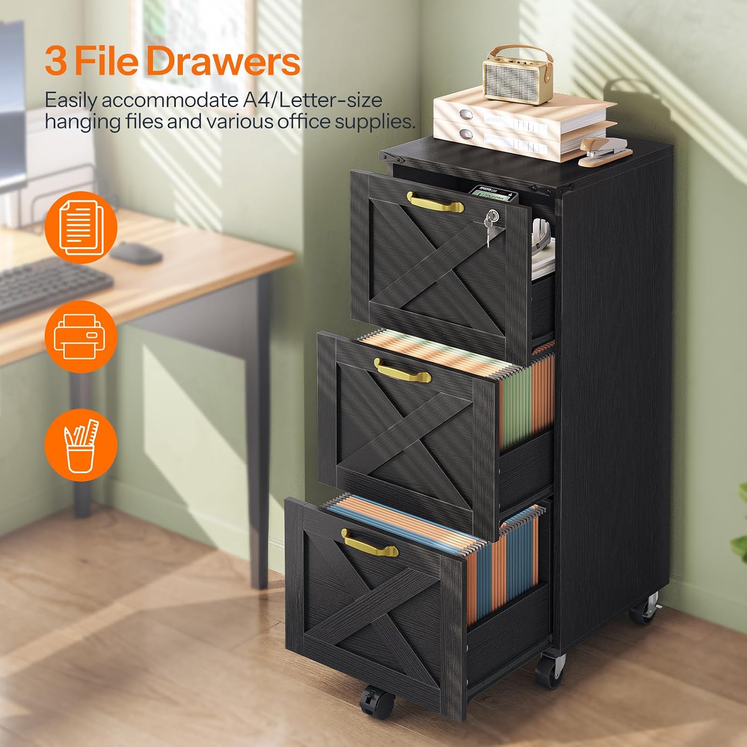 HOOBRO 3 Drawer File Cabinet with Lock, Mobile Filing Cabinet for Home Office, Wooden Farmhouse Office Storage Cabinet, Printer Stand Fits Letter and A4 Size, Walnut and White WH93WJ01G1
