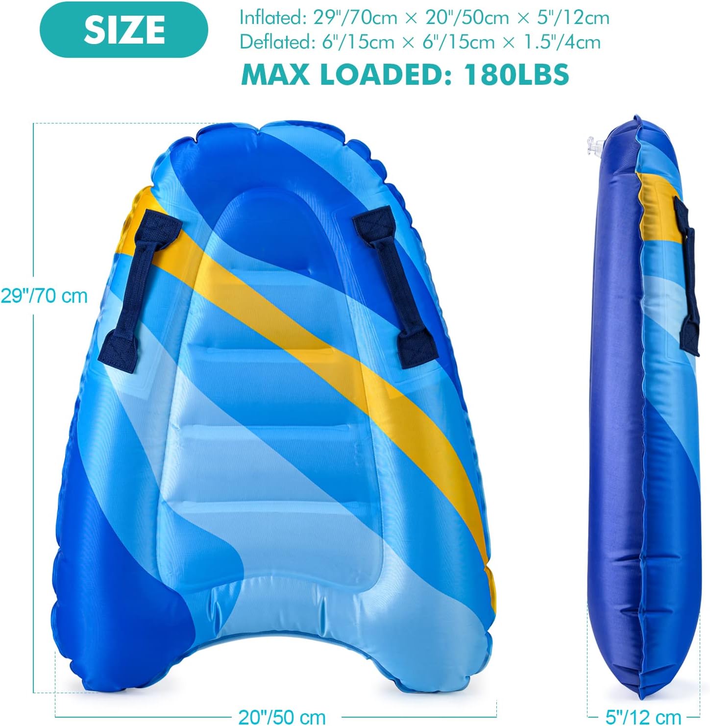 Inflatable Boogy Boards for Beach Travel Toys, 30” Cavas Slip Slide Water Park Body Surfing Board with Handles