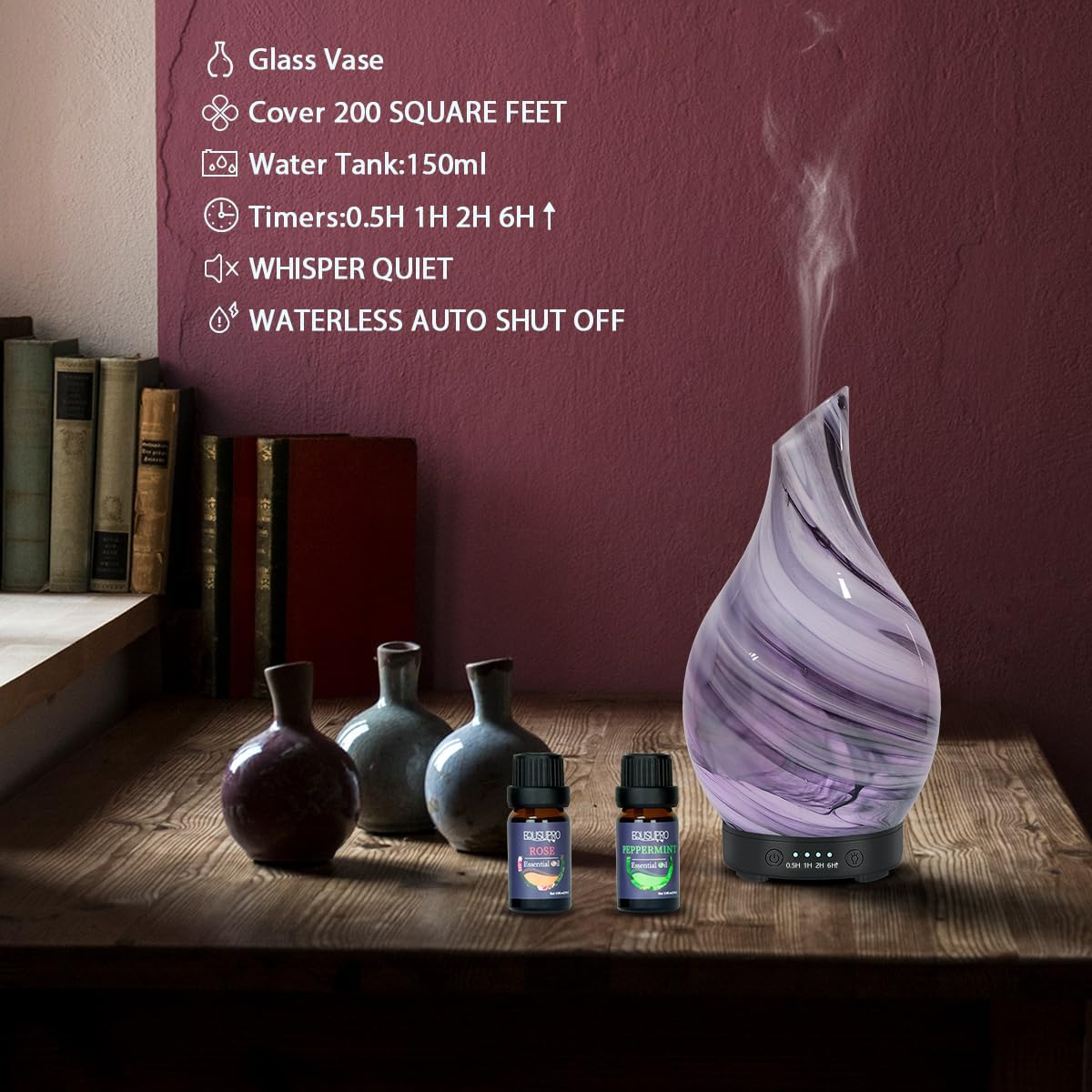 Aromatherapy Essential Oil Diffuser for Home- Art Glass Diffuser for Essential Oils with Waterless Auto Shut-Off 4 Timer 7 Colors LED Night Light