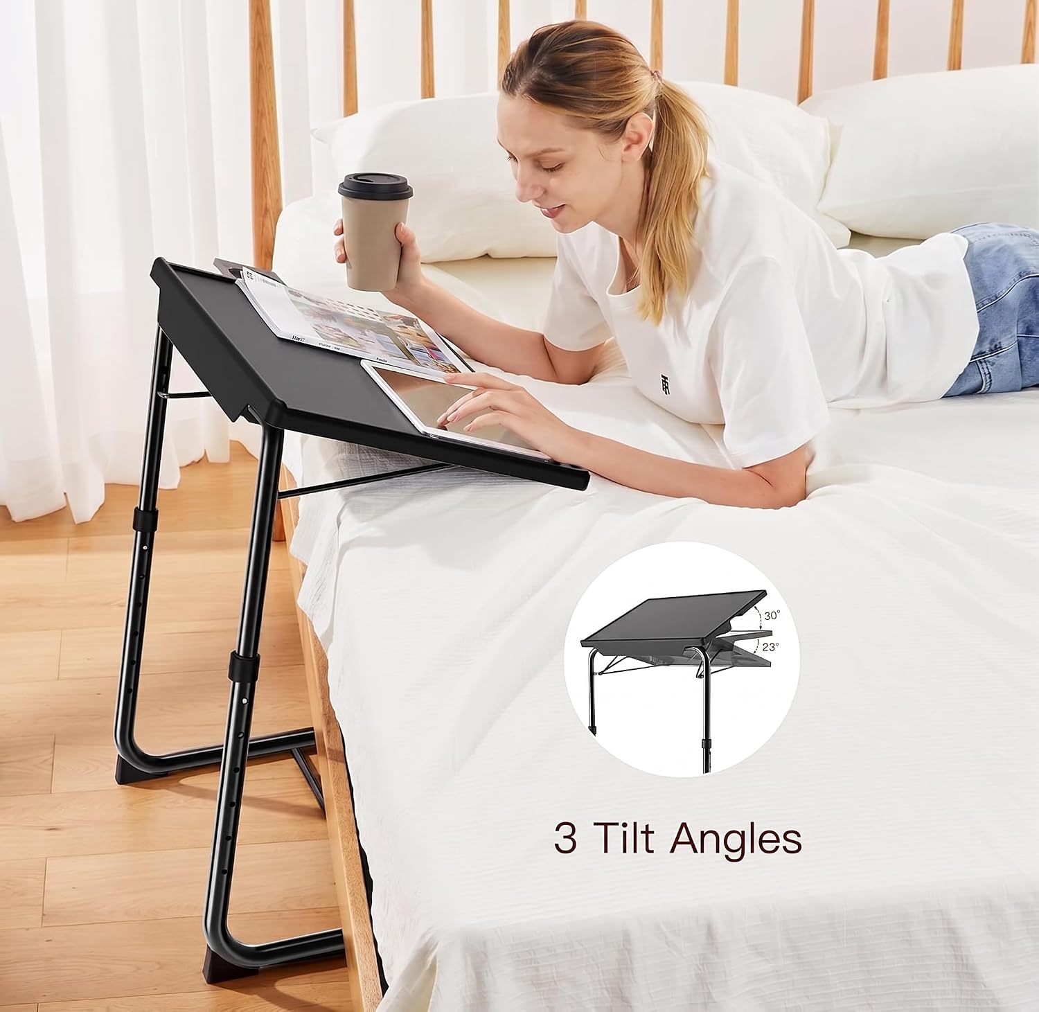HUANUO TV Trays Set of 2, TV Tray with 6 Height & 3 Tilt Adjustments, Black | 21.53" - 28.74" Height Range, Foldable, Cup Holder