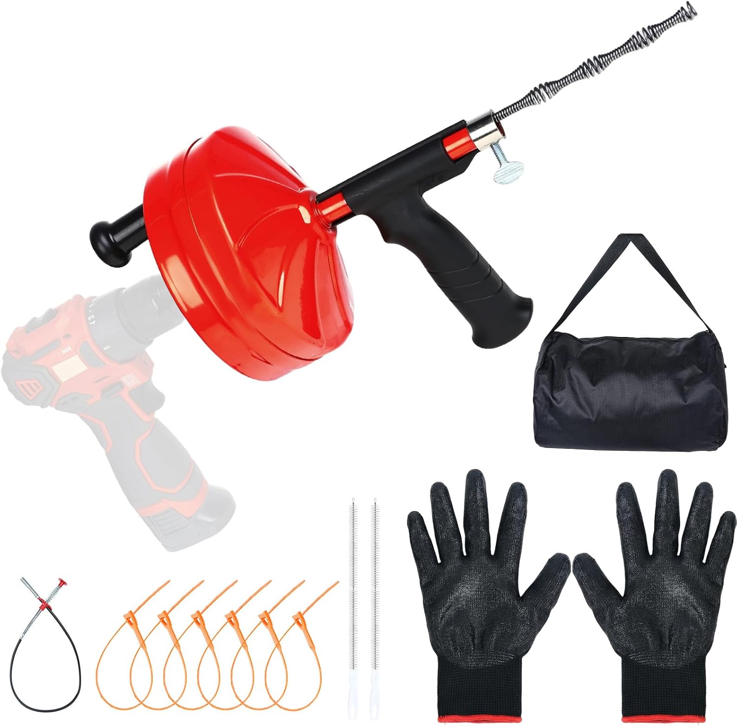 50 Ft Drain Auger,Use Manually or Drill Powered 50 Foot Drain Snake,Heavy Duty Flexible Plumbing Snake,With Gloves and Storage Bag for Kitchen Sink, Shower Drain (50FT, Orange)