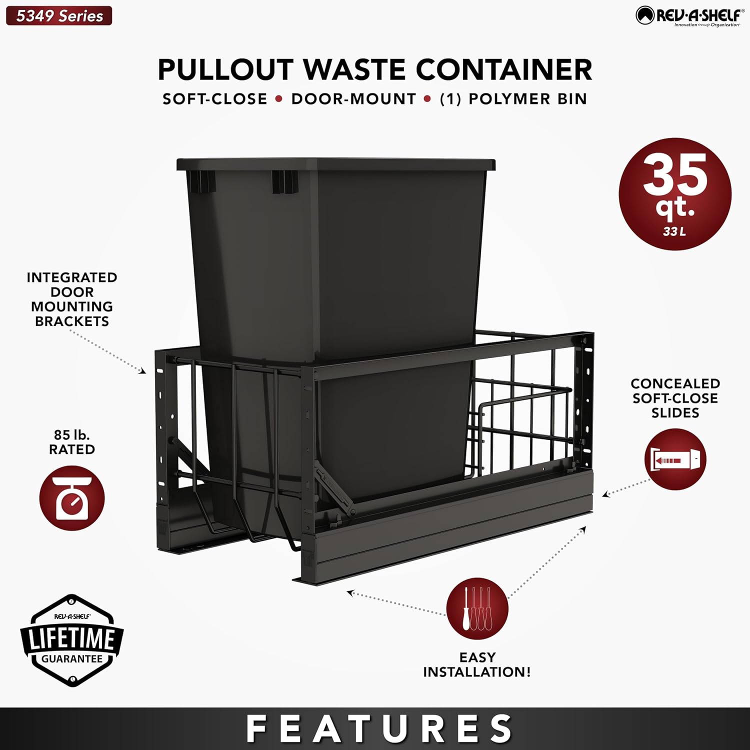 Rev-A-Shelf 35 Qt Aluminum Bottom Mount Double Pullout Waste Container w/Soft-Close for Base Kitchen Cabinets, Min. 15" Opening Width, Silver & White, 5349-15DM18-2