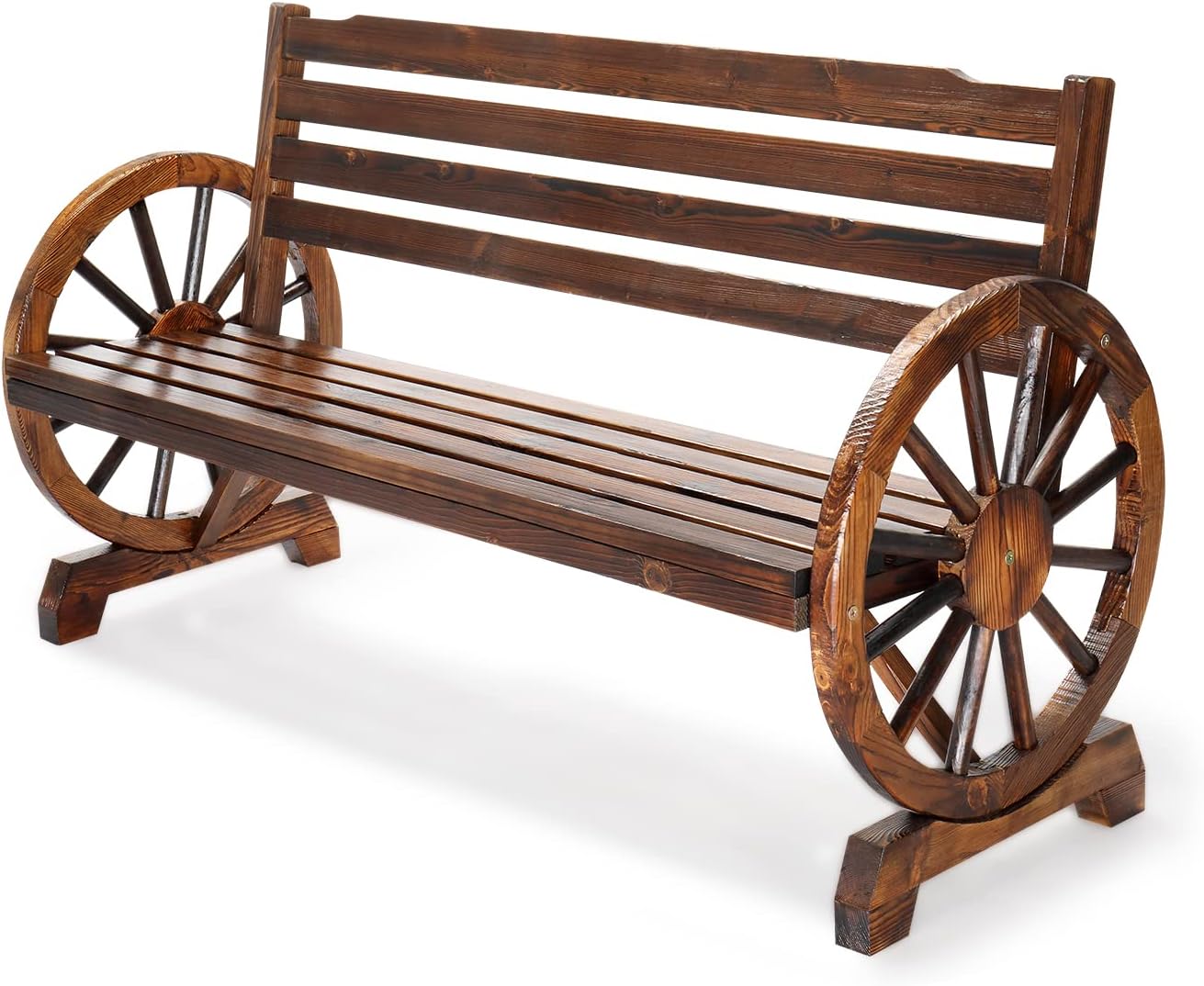 VINGLI Rustic Wooden Wheel Bench Outdoor Bench, Patio Bench Wagon Slatted Seat, Garden Benches for Outdoors 350lbs High Capacity